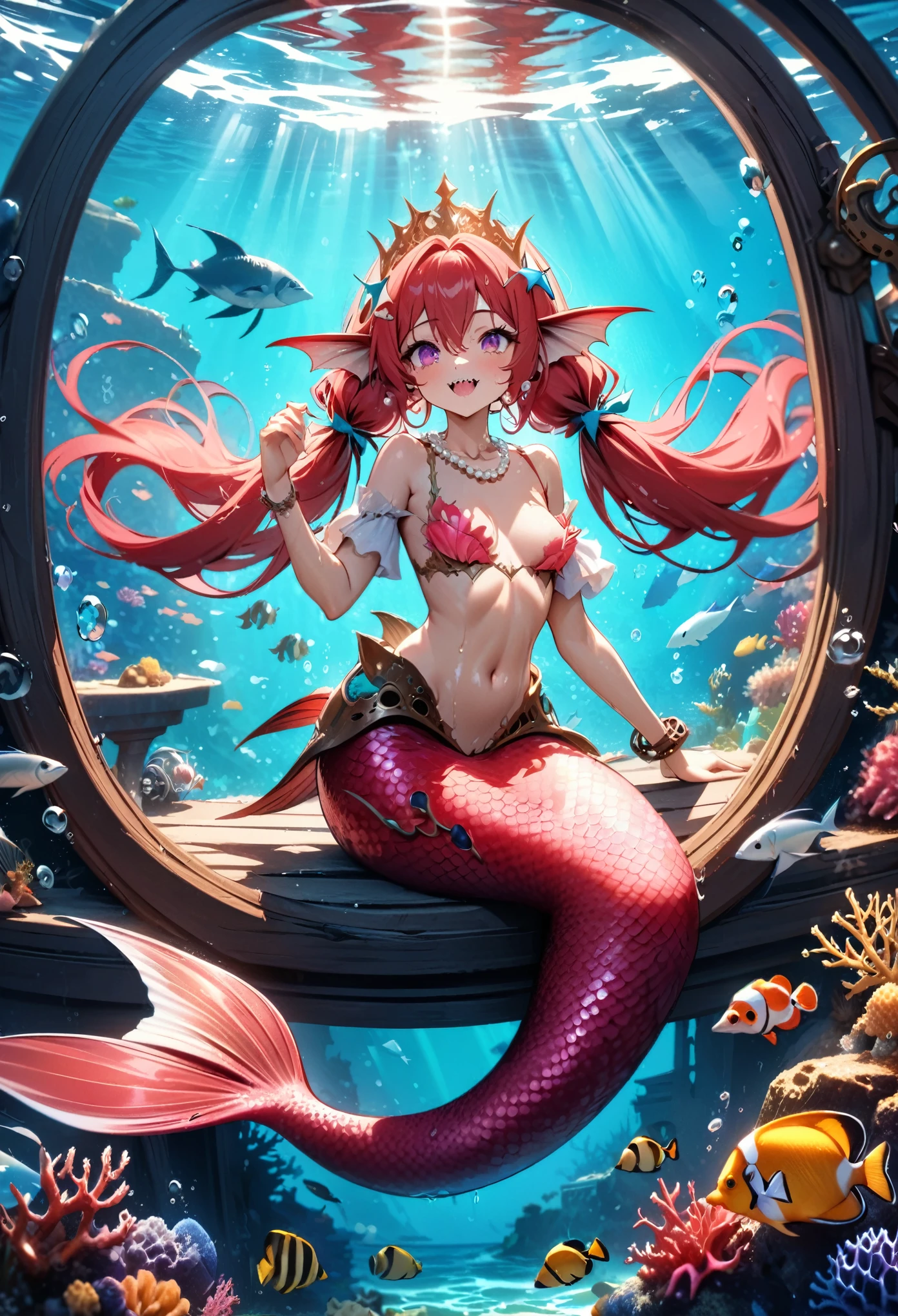 (best quality,4k,8k,highres,masterpiece:1.2),ultra-detailed, Pretty princess magically transformed into a beautiful mermaid, race swap, fantastic transformation, none human, steampunk, fish like, wet body, dominant shades of red, surrounded by small bubbles, long and detailed mermaid tail with shimmering red fish scales, long fins ears, drawn in anime style, very long pigtails red hair, sharp teeth, is smiling, pink eyes, small breast, long pelvic and dorsal fins, pair of fish gills on her torso, red seashells bra, starfish hair clips, pearl earrings and bracelets, pearl necklace, hair ribbons, gold tiara, ocean depths, embracing her new life has a mermaid, joyful expression, brushing her hair with a hairbrush, sitting in front of a mirror, inside a underwater house, sparkling water, water reflections, ethereal atmosphere, subtle glow, whimsical and enchanting, underwater world, colorful coral reef, magical underwater lighting, vivid colors, breathing underwater, floating bubbles, endless ocean depths, sunlight filtering through the water, Highly detailed, masterpiece, high quality, 4K.