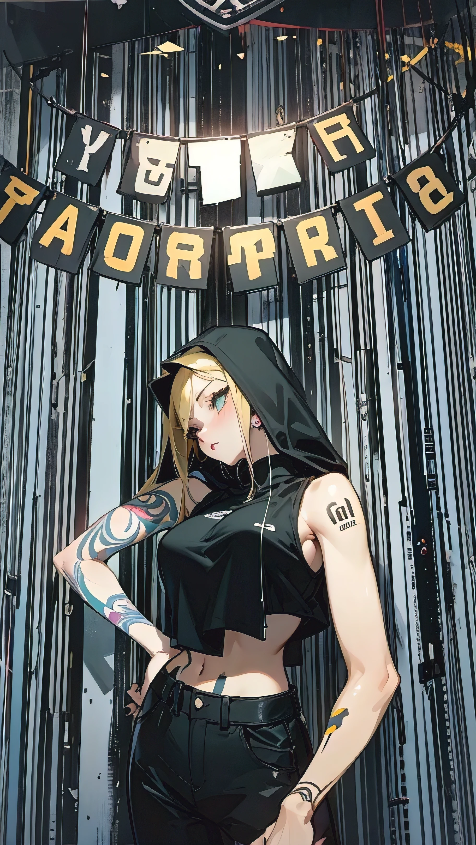 Generate to cartoon, 1girl, blonde hair, 20y.o, black crop top, black pant, huge boobs, sexy girl, horny face, tattos on the arm, tatto on the stomat, generate to cartoon, high quality, 8k resolution, ultra detail