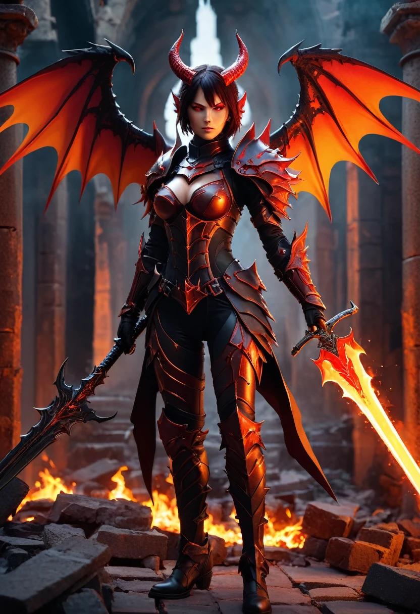 best quality, Best Illustration, Highly detailed CG Unity 8k wallpaper,Dark fantasy setting,Beautiful female demon,,Spiked accessories,Tight combat suit,Red Eyes,Blazing Devil Wings,sharp corners,holding a sword with flames,Cast Shadows,Standing on the ruins,Red and orange palette,otherworldly power,Dynamic Lighting, Depth of Field, The best shadow, stable diffusion model, sparkling