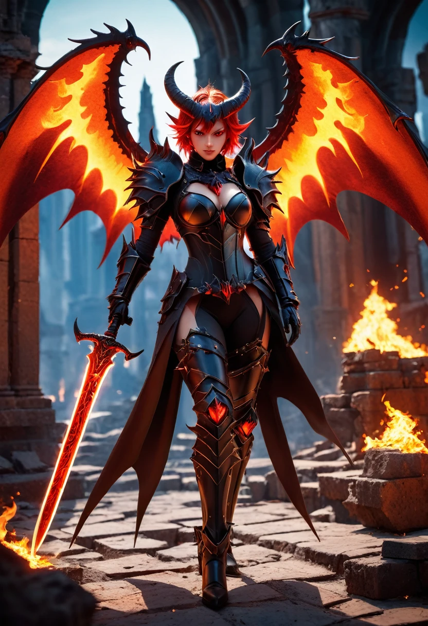 best quality, Best Illustration, Highly detailed CG Unity 8k wallpaper,Dark fantasy setting,Beautiful female demon,,Spiked accessories,Tight combat suit,Red Eyes,Blazing Devil Wings,sharp corners,holding a sword with flames,Cast Shadows,Standing on the ruins,Red and orange palette,otherworldly power,Dynamic Lighting, Depth of Field, The best shadow, stable diffusion model, sparkling