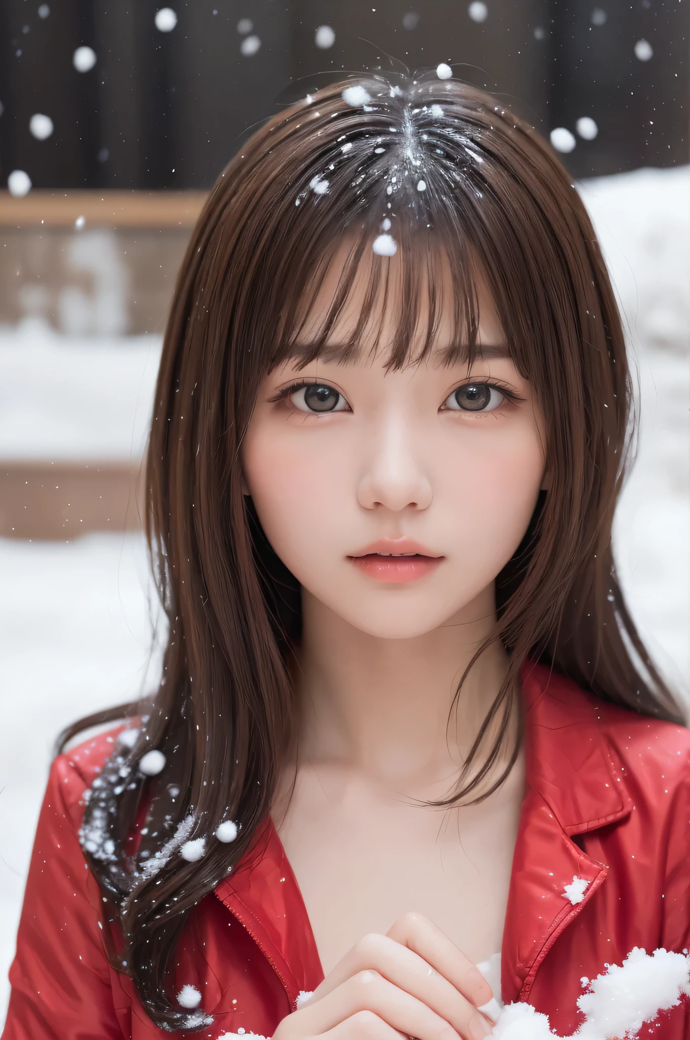 masterpiece, highest quality, One Girl, (Beautiful girl, Delicate girl:1.3), (15 years old:1.3), Very fine grain definition, (Symmetrical eyes:1.3), (Snow Scene:1.3), (Red jacket:1.3), Small breasts, Brown eyes, Parted bangs, Brown Hair, , (Eye and facial details:1.0), (Get closer to the face, Zoom in on face:1.0), (perfectly trimmed fingers)