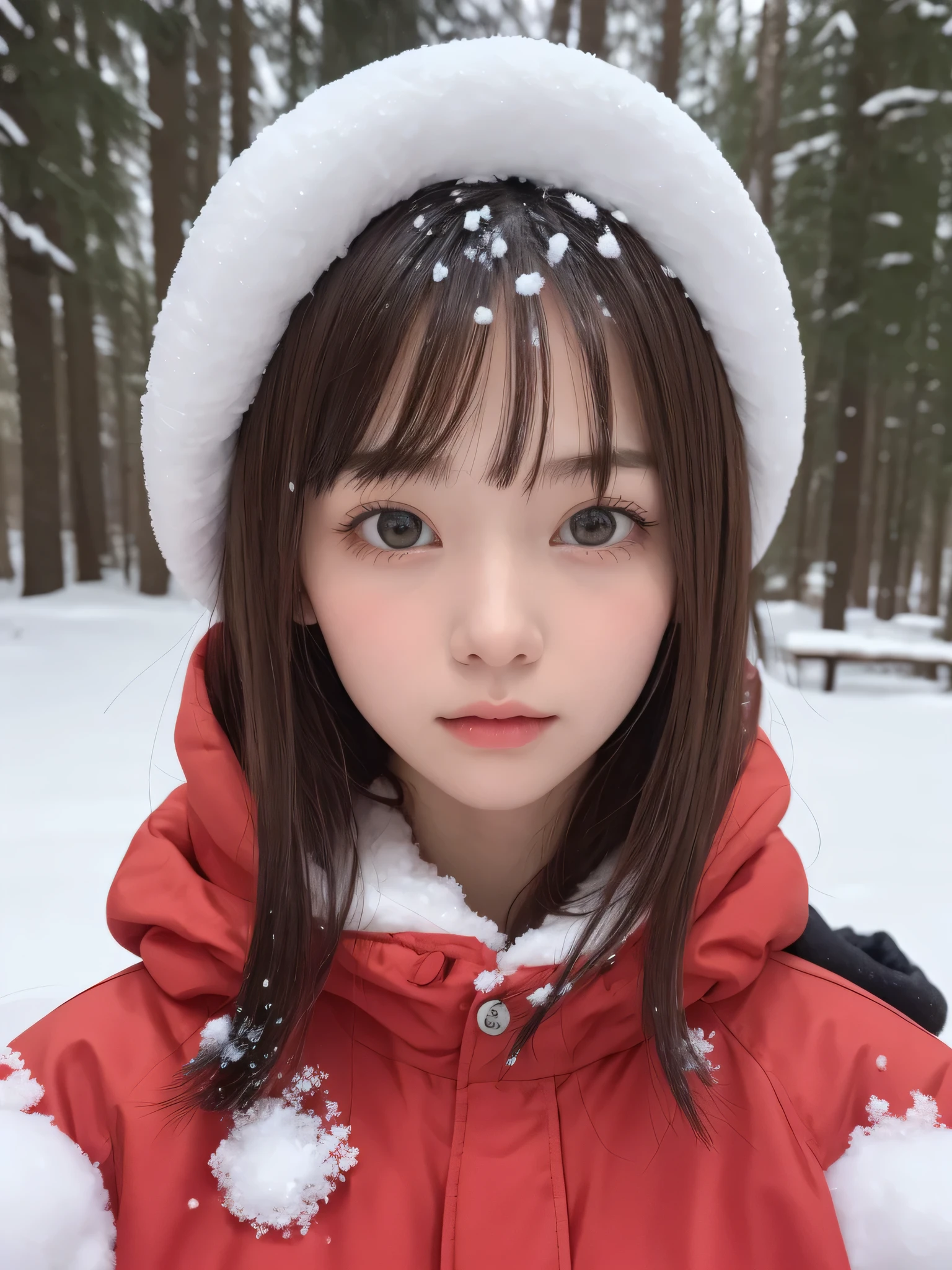 masterpiece, highest quality, One Girl, (Beautiful girl, Delicate girl:1.3), (15 years old:1.3), Very fine grain definition, (Symmetrical eyes:1.3), (Snow Scene:1.3), (Red jacket:1.3), Small breasts, Brown eyes, Parted bangs, Short brown hair, , (Eye and facial details:1.0), (Get closer to the face, Zoom in on face:1.0), (Europe&#39;s Snow Scene)