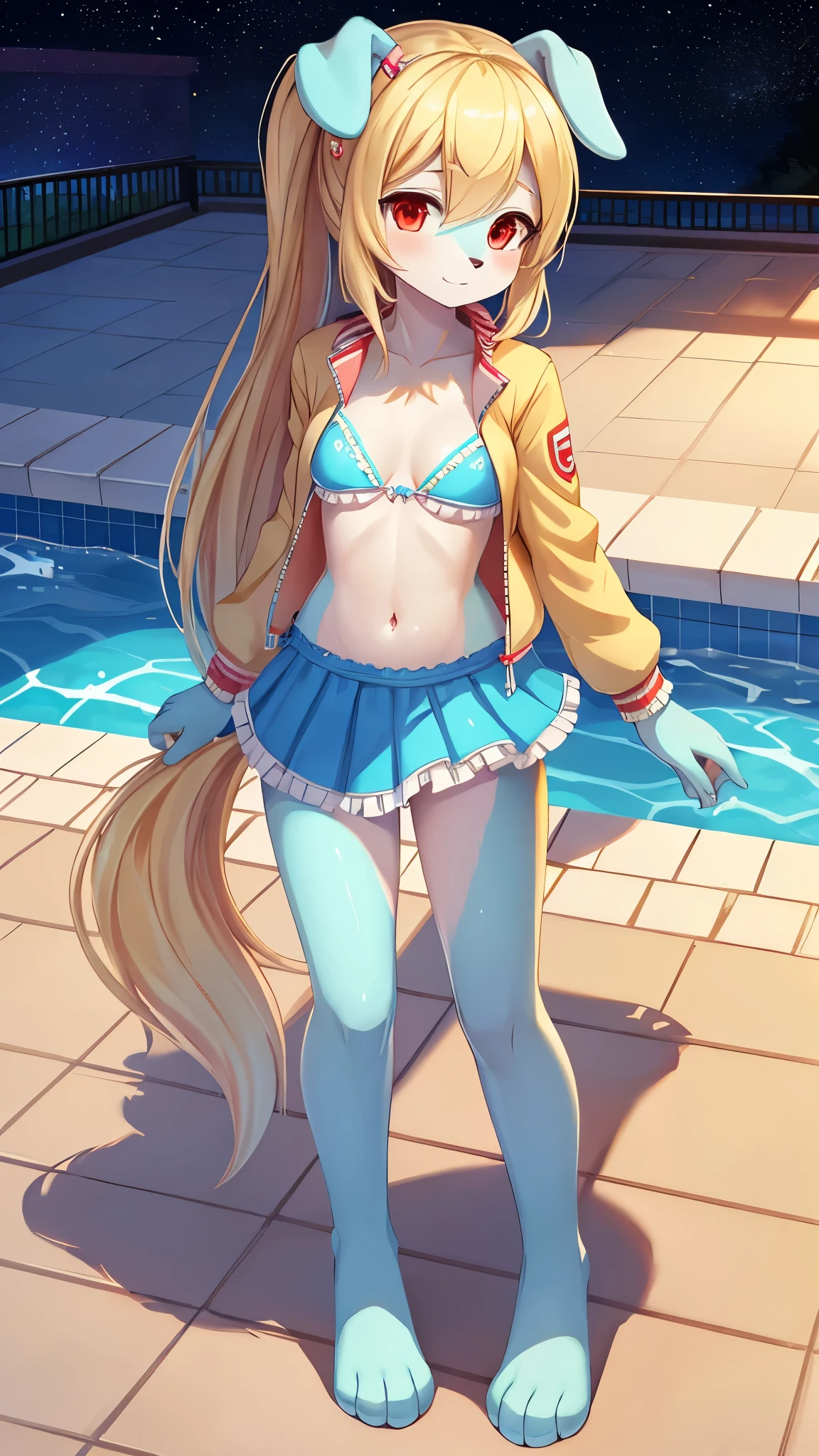 Furry girl, young, dog, long ponytail, blonde hair, red eyes, small breasts, detailed body fur, ((stars hairpin, small jacket, open clothes, frilly blue bikini, frilly blue skirt)), masterpiece, looking at you, (two tone body fur, turquoise body fur, clear turquoise body fur), detailed face, big eyebrows, detailed eyes, detailed body, detailed hands, glistering body, skinny, floppy dog ears, perfect lighting, perfect shadows, perfect eyes, perfect hair, perfect face, gorgeous body, :3, wet body fur, full body, feets with three toes, 3 toes, pool, clear sky,