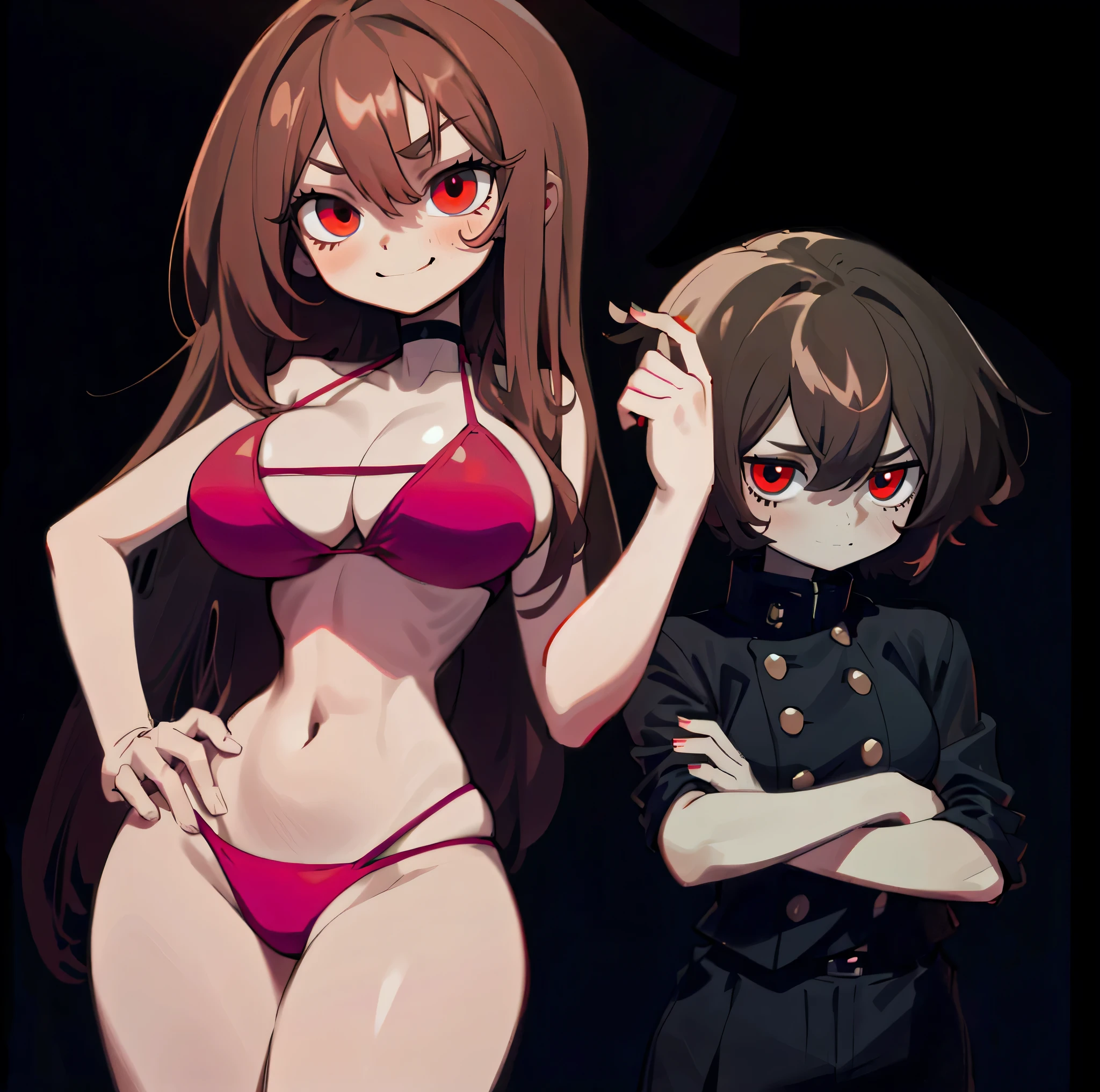 masterpiece, 4k, details, extreme details, high resolution, 1 woman, DJ , long brown hair, red eyes, mischievous face, smile, pink bikini, belly, large  , standing on your hips // masterpiece, 4k, details, extreme details, high resolution, 1 boy , messy brown hair, red eyes, shy face, gakuran shirt , black dress , black pants , cross your arms , black background