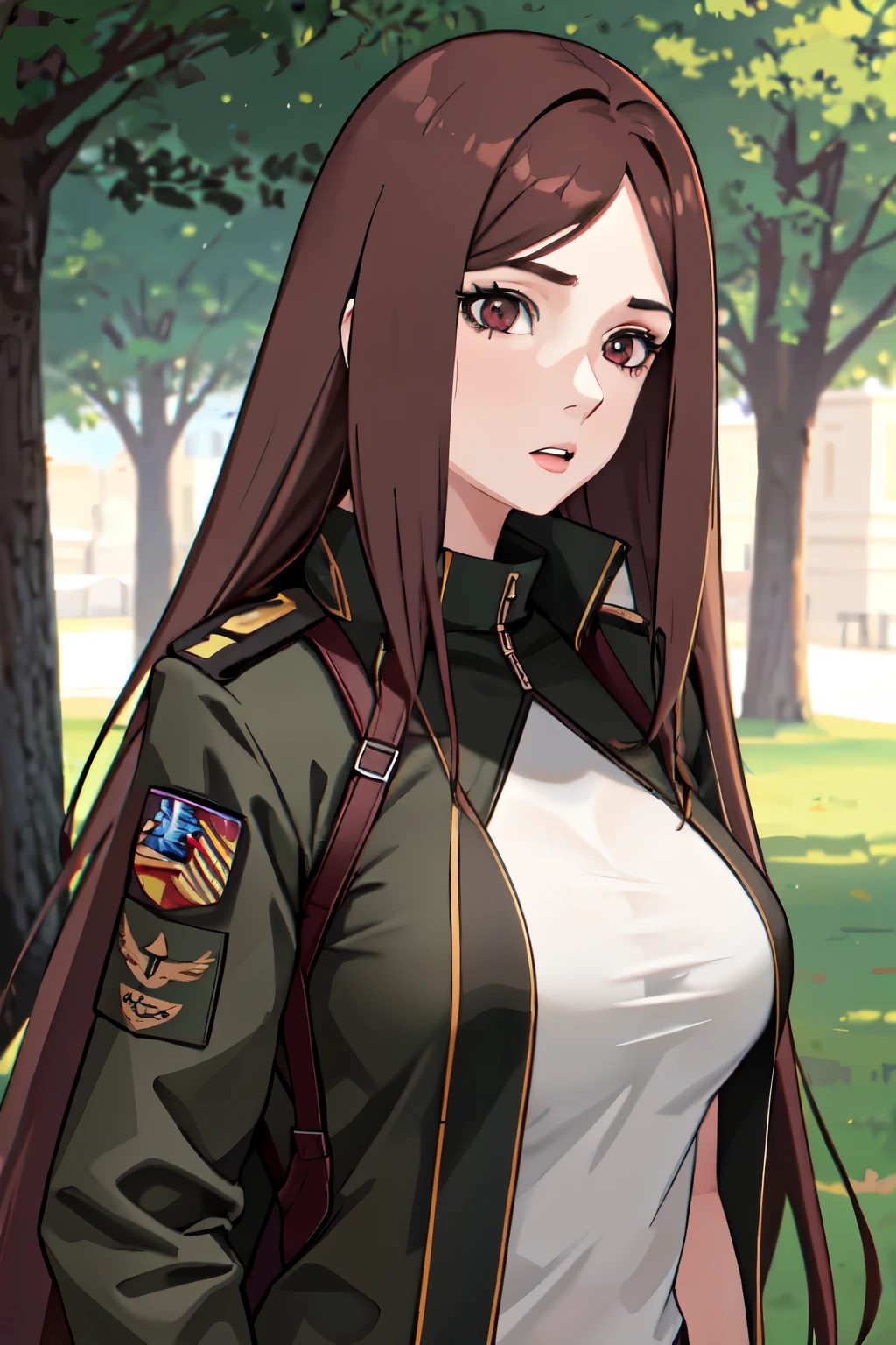 1 girl,straight hair, brown hair, red eyes,Looking at the viewer, army uniform,, standing in the park, big breasts,close up photo,