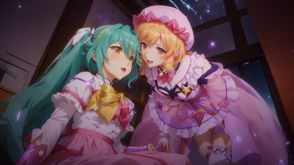 anime characters in a room with a window and a starr sky, magical girl anime mahou shojo, macross frontier, macross delta, from touhou, anime maids riding early tanks, macross frontier splash art, still from tv anime, , touhou project, screenshot from the anime film, today's featured anime still, two beautiful anime girls