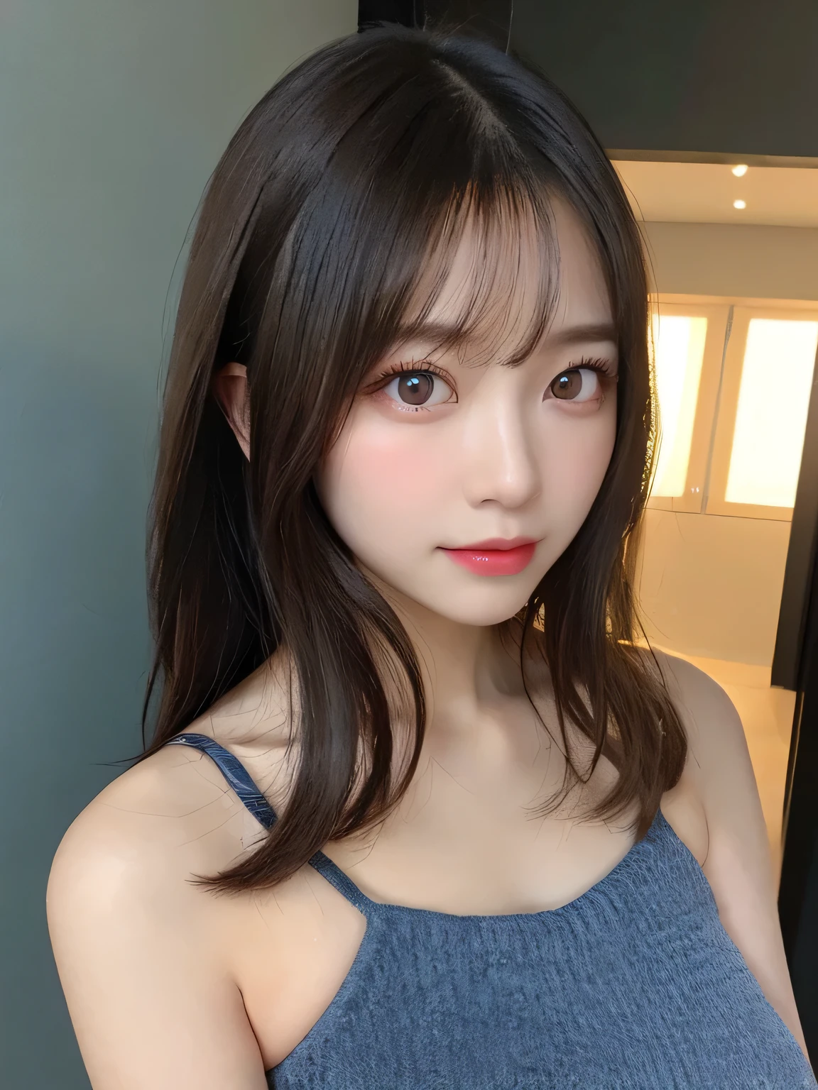 A lovely and sweet Chinese woman, Delicate and sexy collarbone, Attractive goose face, double eyelid, Clever pink eyes, Pink Lips, small, upturned nose, Exposing shoulders, Concentrated face, Face close-up, Ultra HD, Super detailed, Full body photo, Ultra-thin, optimal light transmission ratio, 4 fingers and 1 thumb, JK Mini Skirt、Dark blue walls、