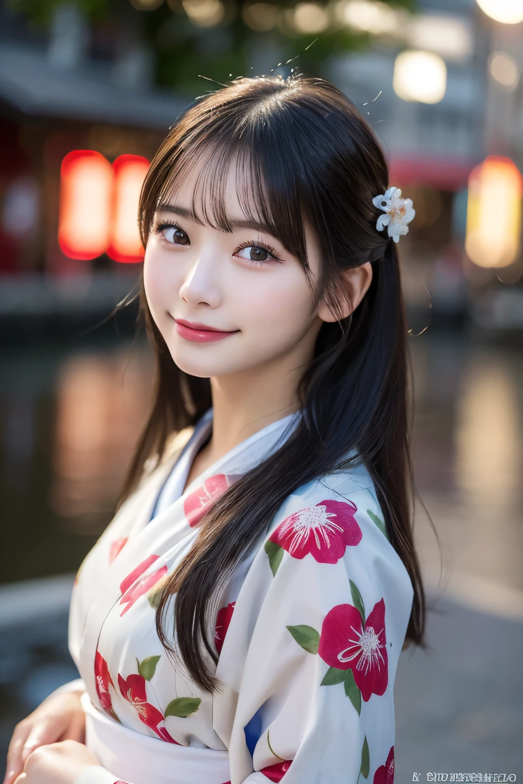 (kimono)、(highest quality、8k、High resolution、masterpiece:1.2)、Very detailed、(Realistic、photoRealistic、photo-Realistic:1.3)、Bokeh、Portraiture、(Natural and detailed eyes、beautiful girl、Young face、Detailed face、No makeup)、Backlight、、smile、Caustics、Asakusa Bridge、crepuscular rays