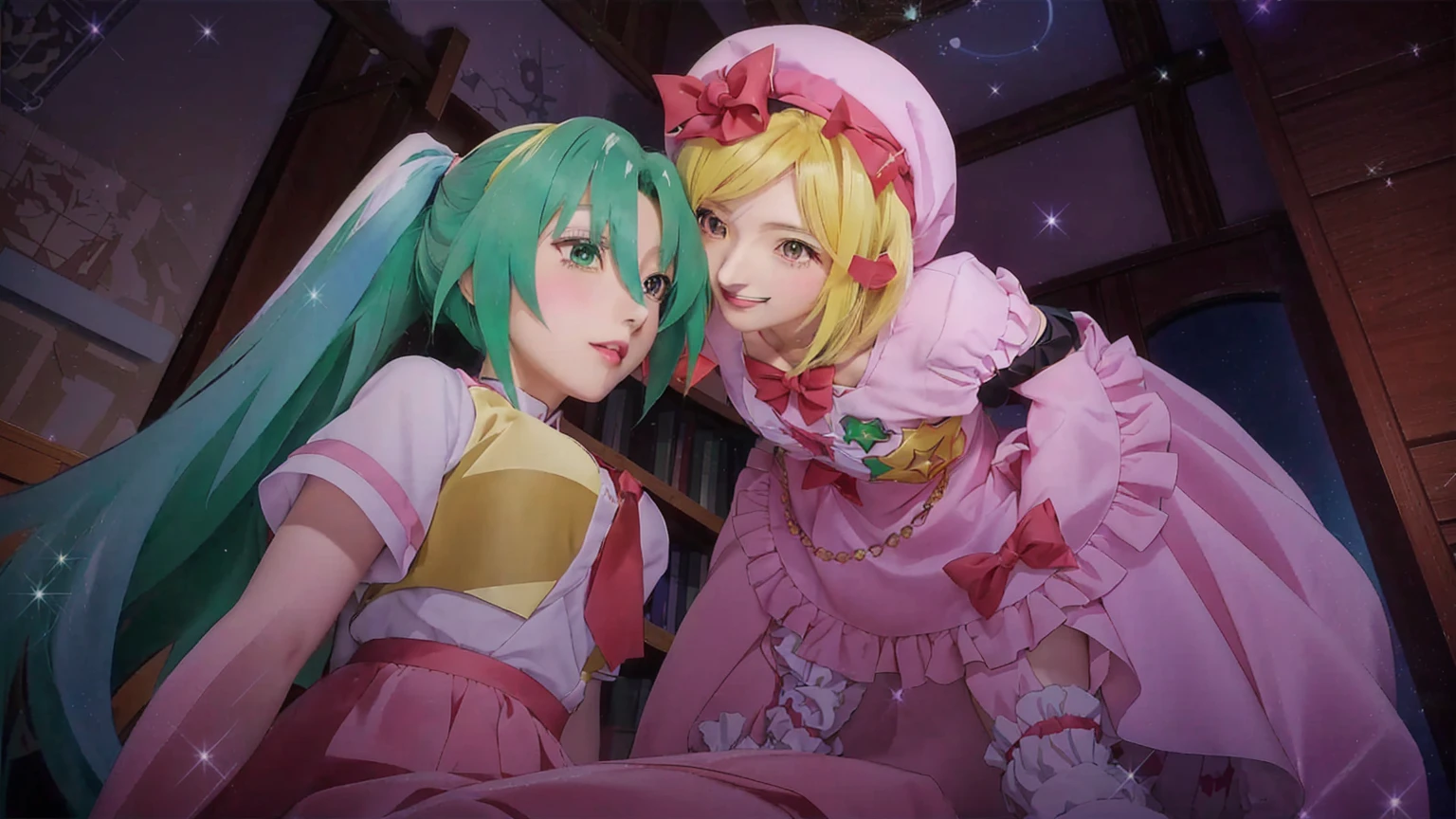 anime characters in a room with a window and a starr sky, magical girl anime mahou shojo, macross frontier, macross delta, from touhou, anime maids riding early tanks, macross frontier splash art, still from tv anime, , touhou project, screenshot from the anime film, today's featured anime still, two beautiful anime girls