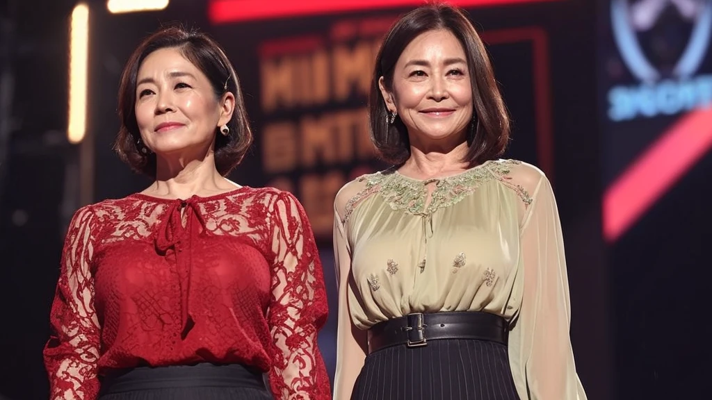 ((highest quality)), ((8K)), ((masterpiece: 1.3)), (Perfect appearance), (Photorealism: 1.6), (A woman standing in the middle of the stage: 1.8), (60 years old, Japanese Mature), (Blurred Background: 1.8), ((Standing, Look forward, A woman on the right side of the screen: 1.6)), ((Realistic skin texture)), (Fine wrinkles appear all over the skin: 1.3), (Dull skin), (Unmoisturized skin: 1.2) , (Facial wrinkles: 0.9), (Wrinkles around the eyes: 1.2), double eyelid, Lower eyelid tear trough, (Crying Mole: 0.9), Closed lips, Calm expression, (Dimples: 1.2), (Straight Hair), (Short Bob Hair), (Smooth hair), (Both ears are visible), (Slimming: 1.4), (Saggy breasts), (Flaky, saggy breasts), (Open neck blouse), (Sheer blouse), BREAK(Red blouse),BREAK (Mermaid line long skirt), (High heels),