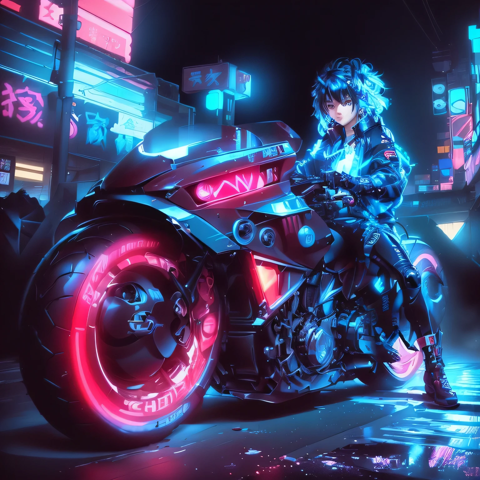 Anime boy sitting on a motorcycle in the city at night,Wearing a helmet, Sitting on a cyberpunk motorcycle, Anime Cyberpunk art, digital Cyberpunk Anime Art, cyberpunk anime boy, Cyberpunk Anime Art, akira motorcycle, female cyberpunk anime boy, Digital cyberpunk - anime art, Modern Cyberpunk Anime, Riding a futuristic motorcycle, Anime Cyberpunk, cyberpunk anime boy mech, Cyberpunk art style, akira's motorcycle