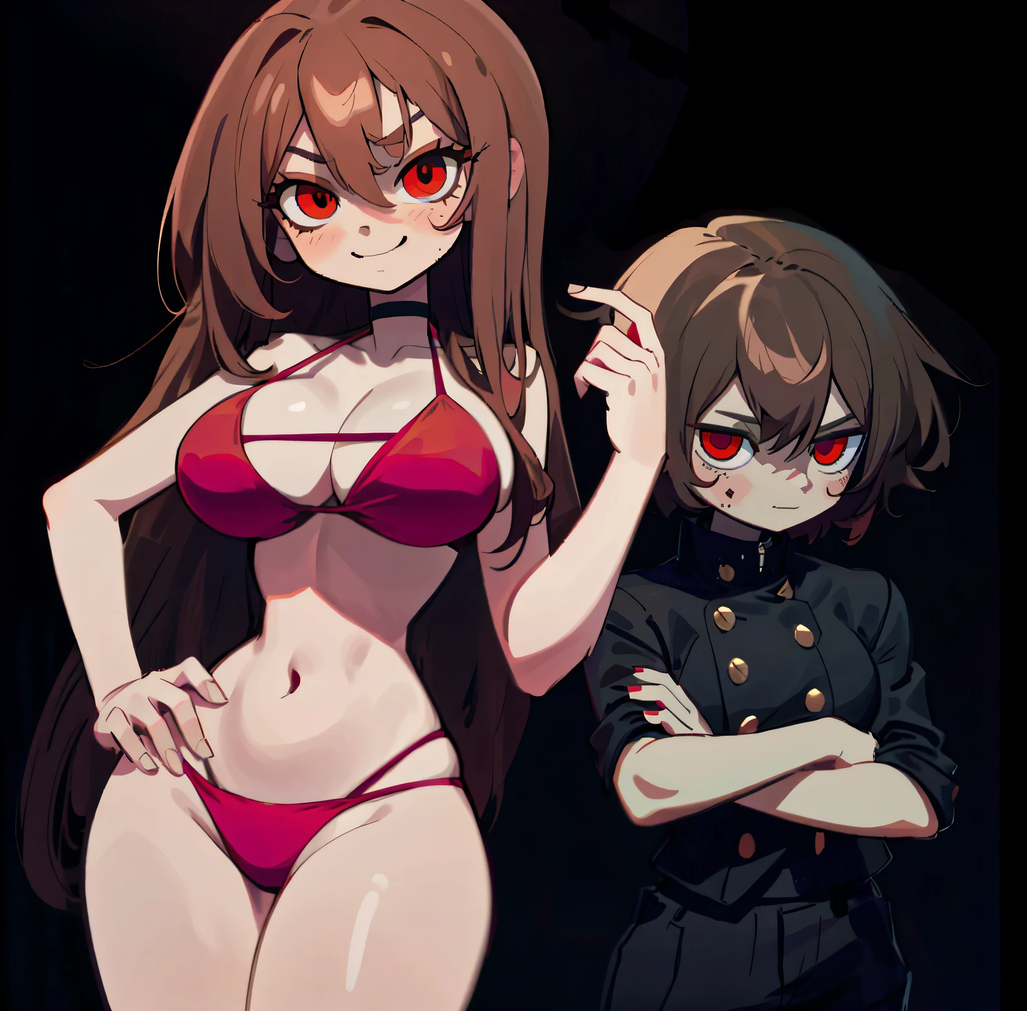 masterpiece, 4k, details, extreme details, high resolution, 1 woman, DJ , long brown hair, red eyes, mischievous face, smile, pink bikini, belly, large breasts , standing on your hips // masterpiece, 4k, details, extreme details, high resolution, 1 boy , messy brown hair, red eyes, shy face, gakuran shirt , black dress , black pants , cross your arms , black background