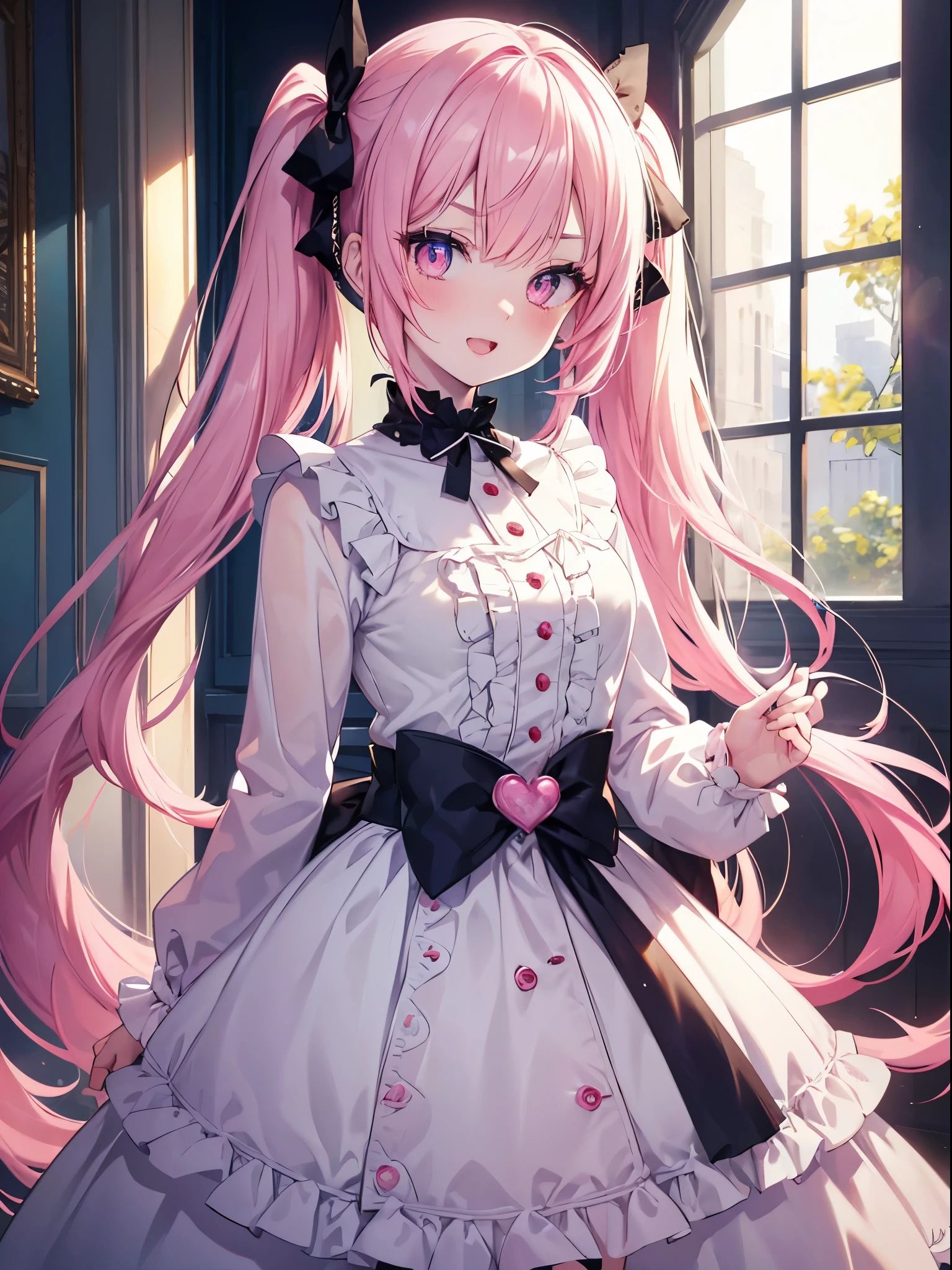 masutepiece, Highest Quality, (Perfect face:1.1), (high detailing:1.1), (ultradetailed eyes), Dramatic, superfine illustration, Extremely detailed,1girl in, (pale skin),Smile, Open mouth,gloweyes,pinkhair, (Long twin tails),Ethereal eyes, pink eye,(light eyebrow),blush, Solo,, Pouty lips,Cinematic lighting,Cowboy Shot,Lolita clothes,frilld, bow ribbon, Pink, Long sleeve