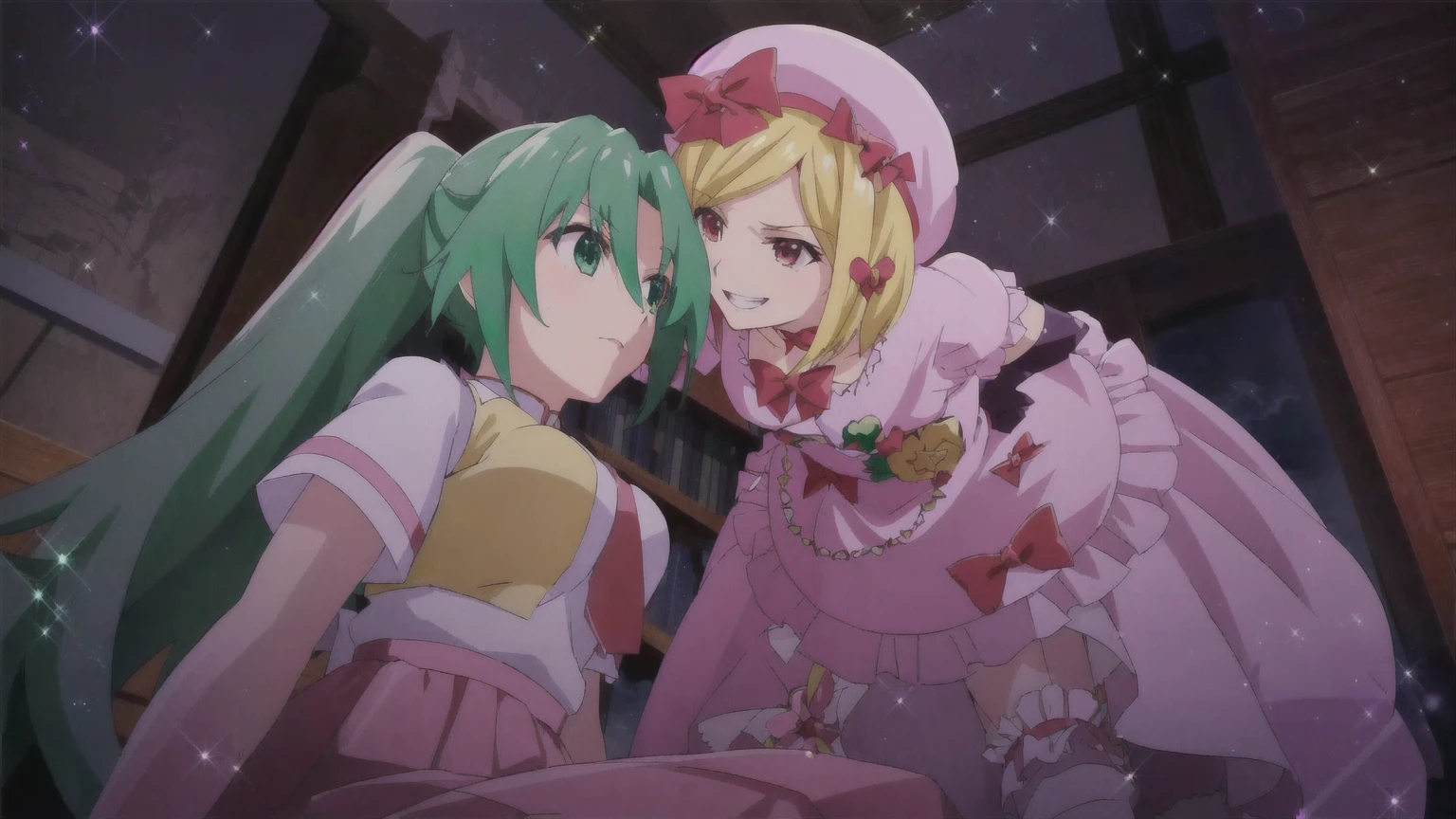 anime characters in a room with a window and a starr sky, magical girl anime mahou shojo, macross frontier, macross delta, from touhou, anime maids riding early tanks, macross frontier splash art, still from tv anime, , touhou project, screenshot from the anime film, today's featured anime still, two beautiful anime girls,