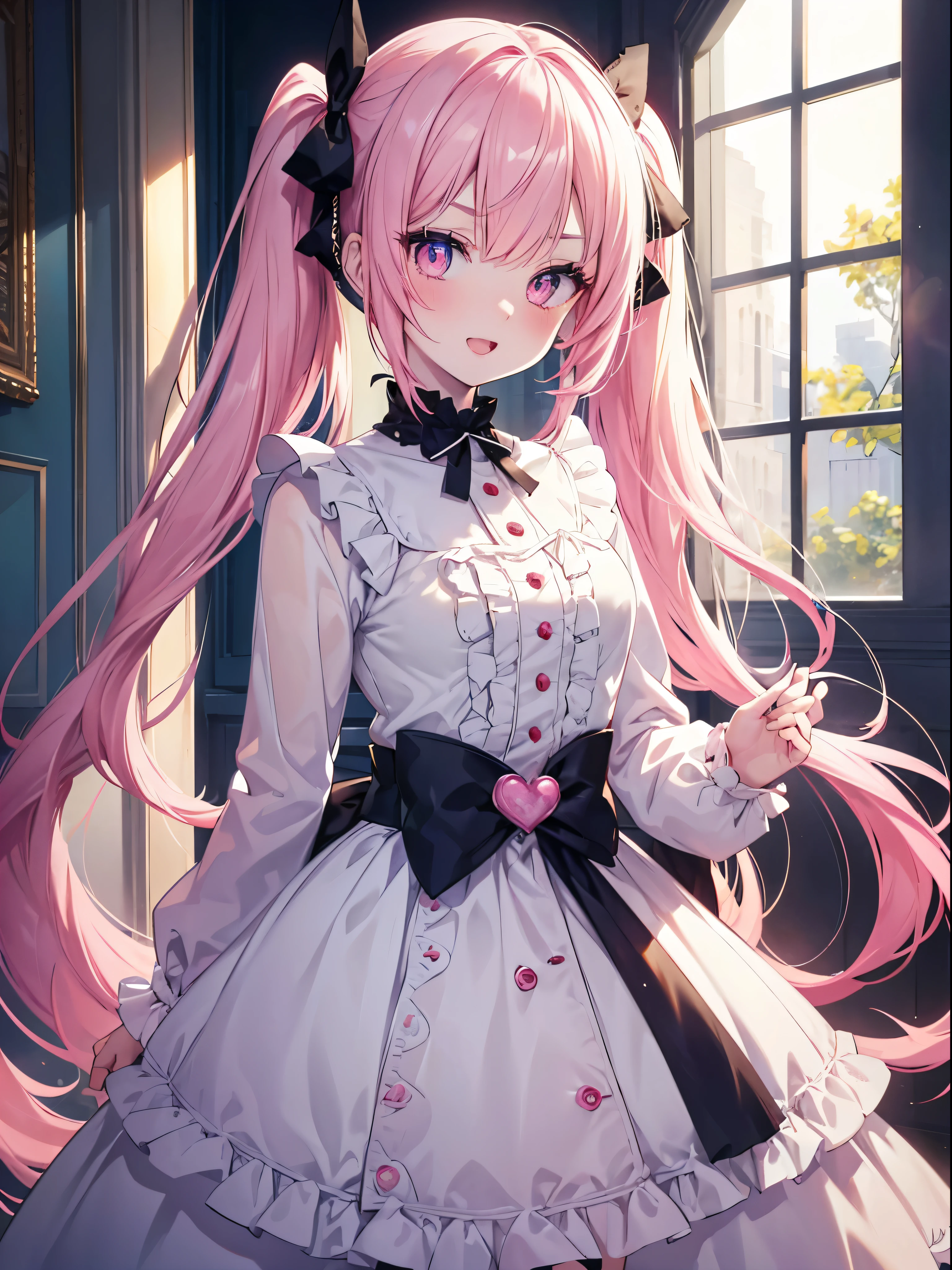 masutepiece, Highest Quality, (Perfect face:1.1), (high detailing:1.1), (ultradetailed eyes), Dramatic, superfine illustration, Extremely detailed,1girl in, (pale skin),Smile, Open mouth,gloweyes,pinkhair, (Long twin tails),Ethereal eyes, pink eye,(light eyebrow),blush, Solo,, Pouty lips,Cinematic lighting,Cowboy Shot,Lolita clothes,frilld, bow ribbon, Pink, Long sleeve