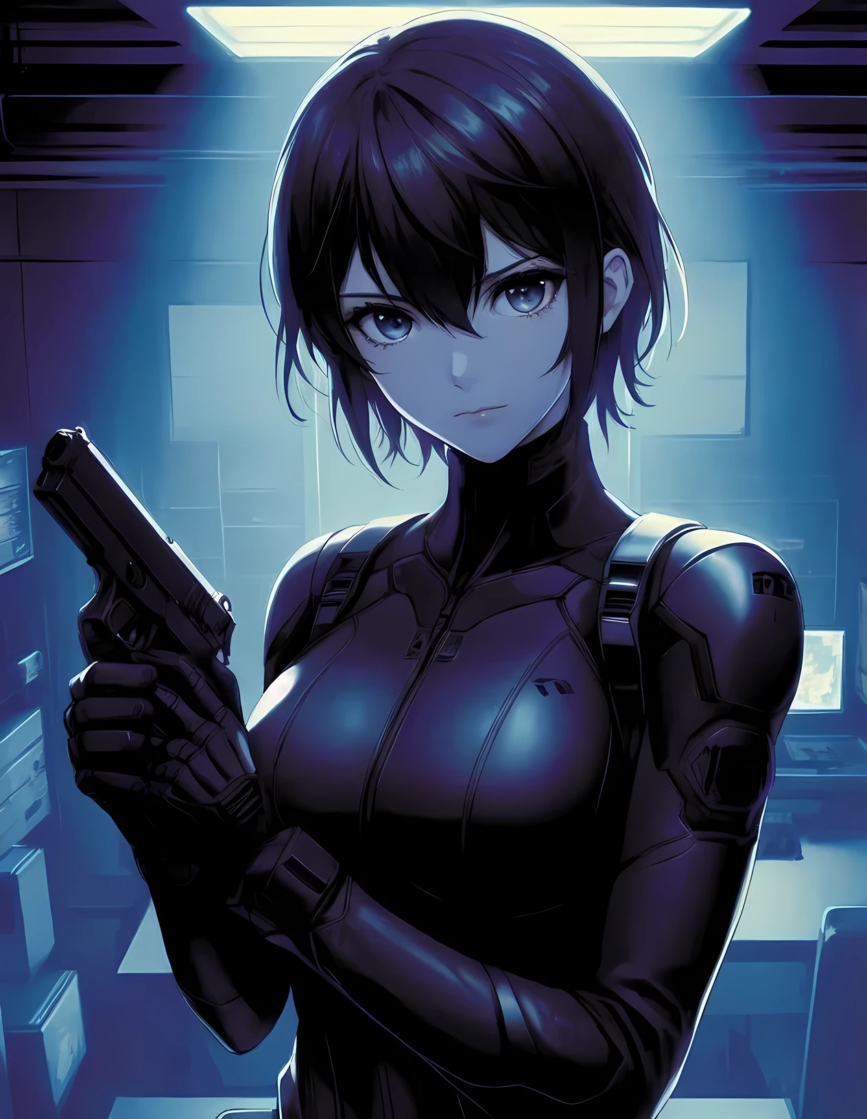 1lady standing, agent, combat suit (dark colored), wet suit, (mature female:0.9), /(black hair/) bangs, cool expression, dignified, (masterpiece best quality:1.2) delicate illustration ultra-detailed, large breasts BREAK (holding handgun in hand) BREAK (hideout of criminal organization) indoors, dimly lit, detailed background