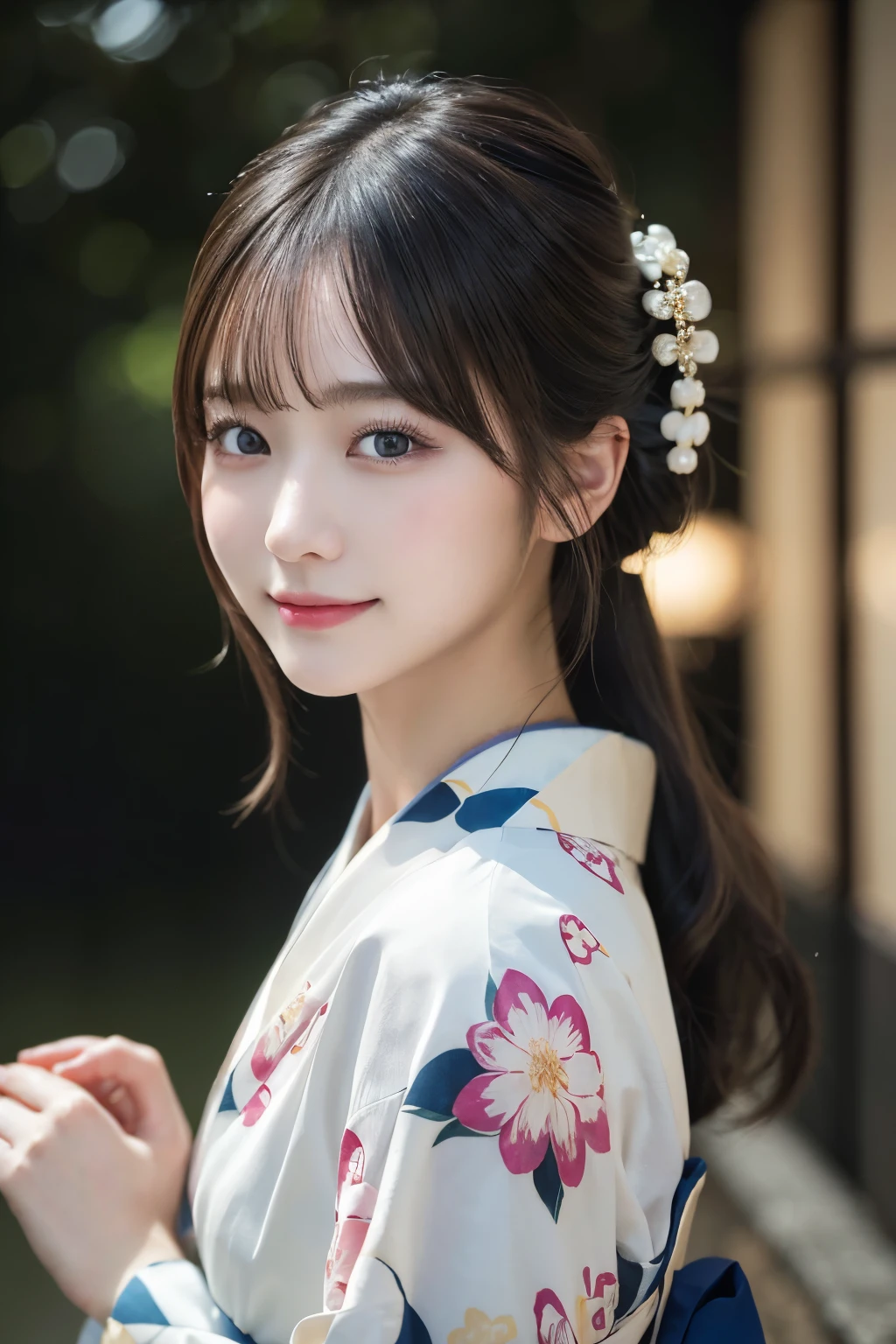 (kimono)、masterpiece、beautiful girl、Beautiful fine details、highest quality, 超A high resolution, (reality: 1.2), Cinema Lighting、(Japanese Girls)、so beautiful、Beautiful Skin、(Looking at the audience)、(Surreal)、(High resolution)、(8k)、(Very detailed)、(Beautiful fine details)、(Very detailed)、 (wallpaper)、Detailed face、Bright lighting、Professional Lighting、smile