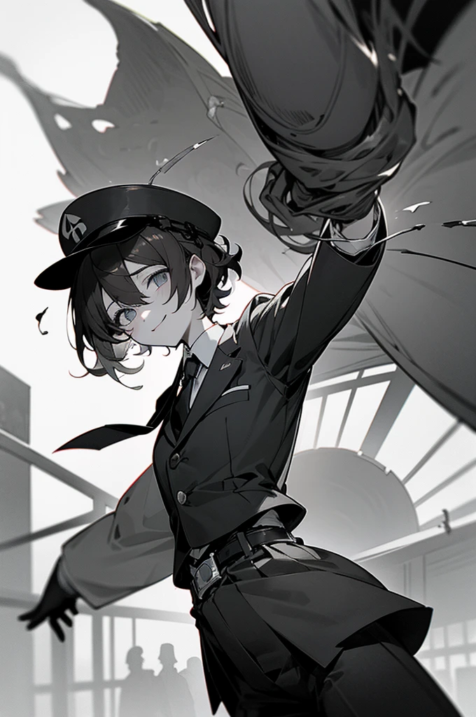 1 person、male、male性、brother、Slender、Short Hair、Messy Hair、Brown Hair、adult、Large、Station staff、(Station staffの帽子:1.5)、Official hat、blazer、tie、pants、belt、gloves、Subway Station、Station platform、kind、Sweet expression、Disturbing smile、Twisted Smile、Dangerous Eyes、No light in my eyes、Shadows around the eyes、hollow、Creepy、mad Men、Insanity、An abnormal、dark、grayscale、High Contrast、darkness、dark、Vigilance、From below