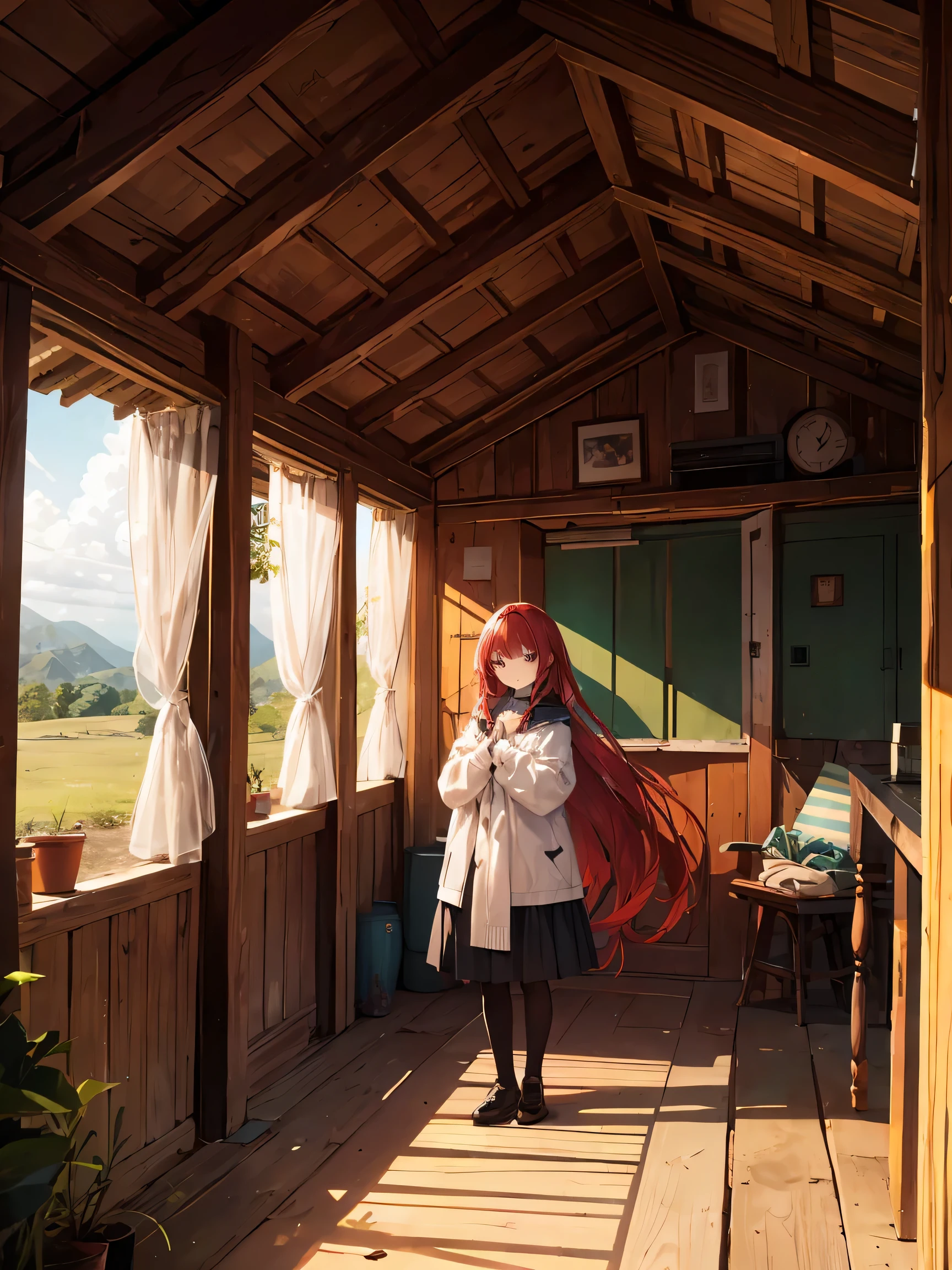  A poor, beautiful girl with long red hair, , in a hut 