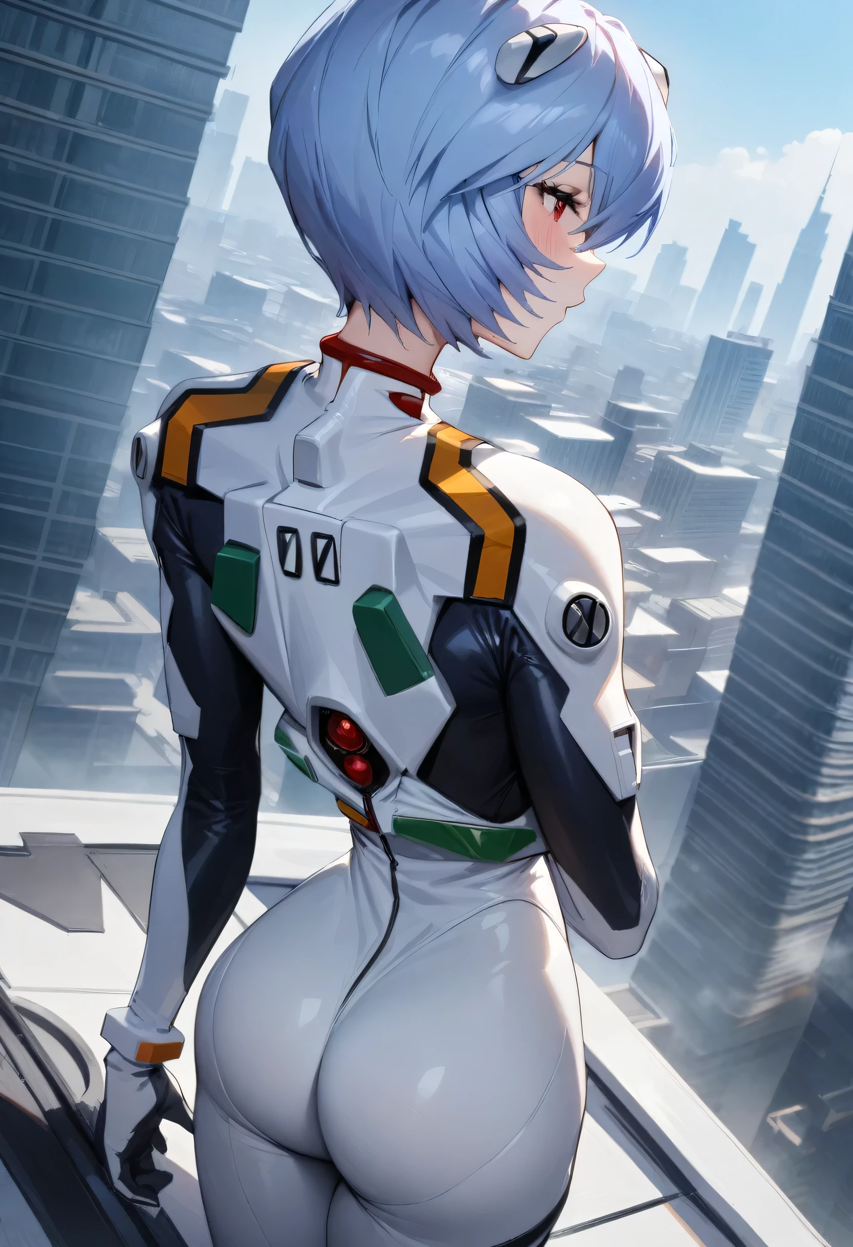 Tight Combat Suit, Ayanami Rei, blue short hair, white suit, standing on helipad on top of skyscraper, high Detail, masterpiece, best quality, very aesthetic, absurdres, 