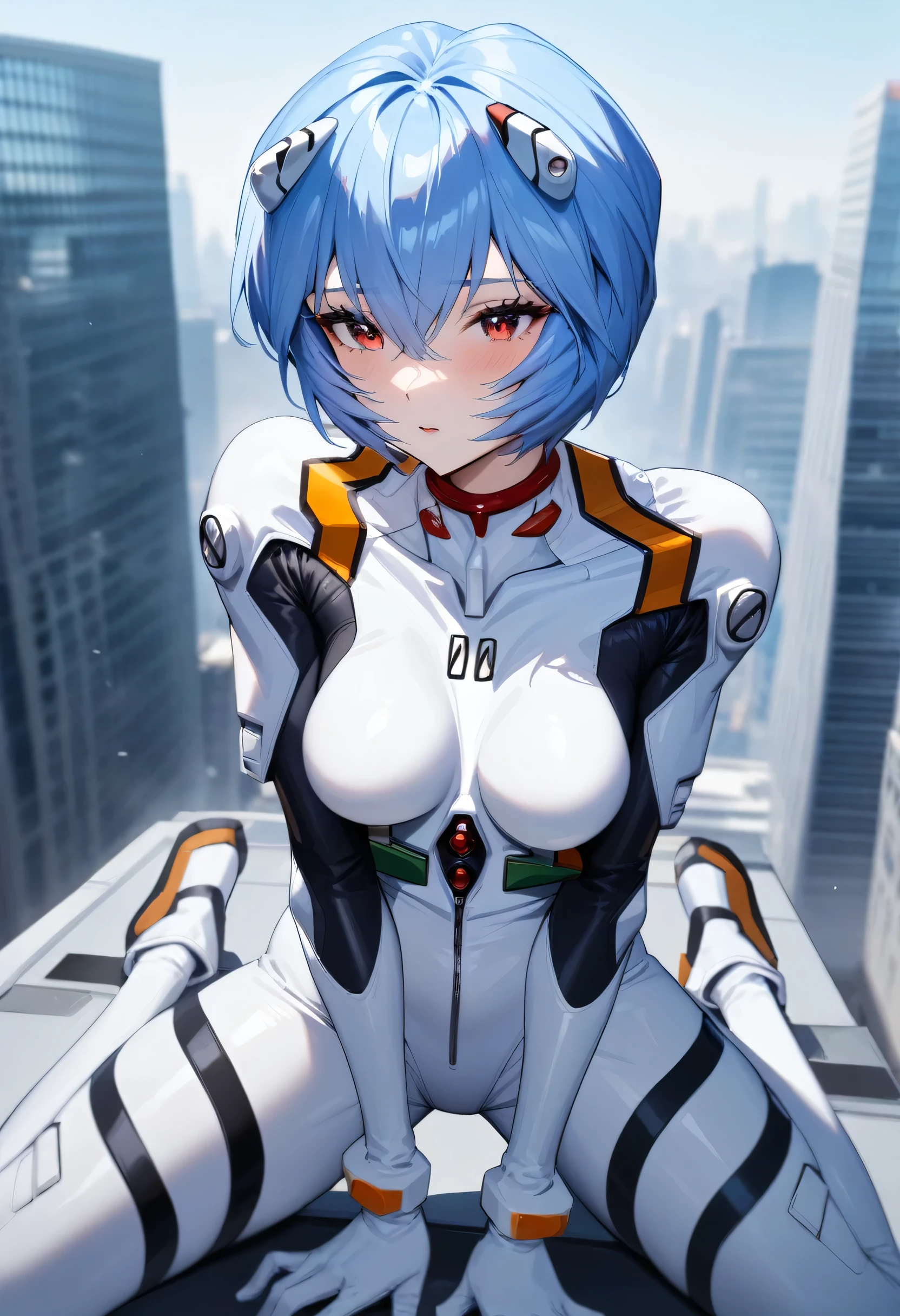 Tight Combat Suit, Ayanami Rei, blue short hair, white suit, poised on helipad on top of skyscraper, high Detail, masterpiece, best quality, very aesthetic, absurdres, 