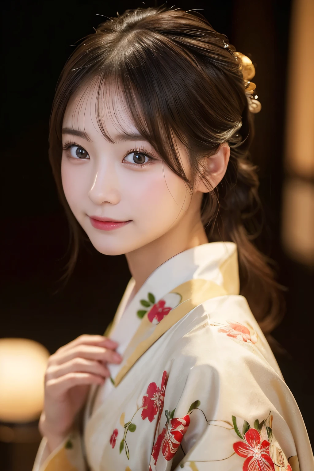 (kimono)、(highest quality、8k、High resolution、masterpiece:1.2)、Very detailed、(Realistic、photoRealistic、photo-Realistic:1.3)、Japanese Kaiseki Restaurant、Portraiture、(Natural and detailed eyes、beautiful girl、Young face、Detailed face、No makeup)、Slightly backlit、Professional Lighting、Smile、Caustics