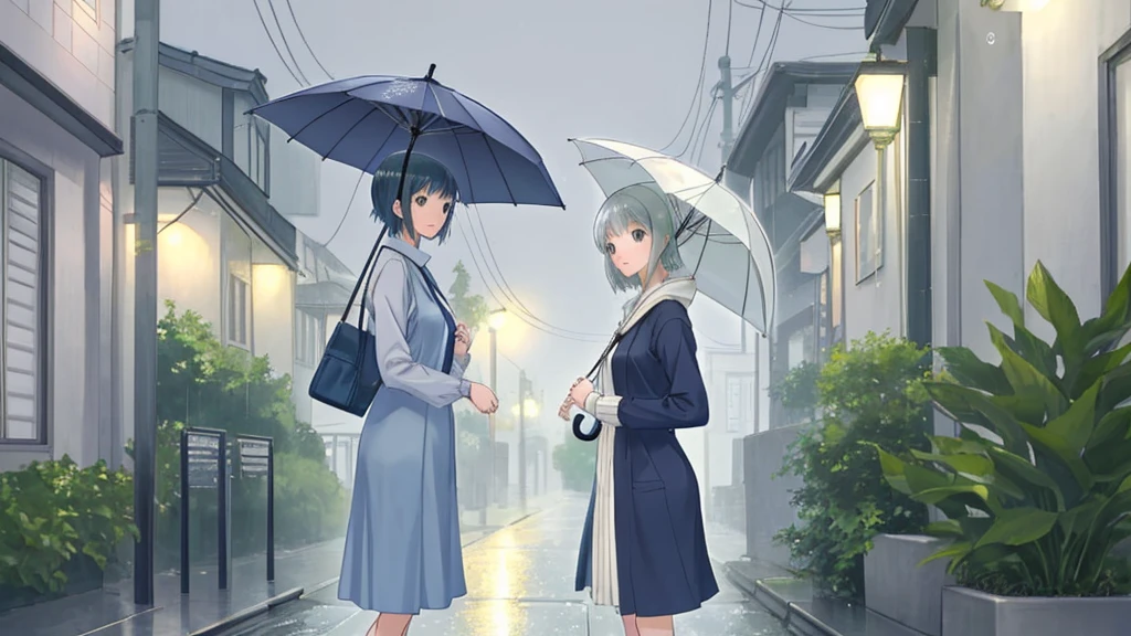 Prompt: Flawless illustration, Anime illustration for lo-fi music, Woman standing with an umbrella in a misty early morning
Scene: Quiet city street, wet roads, soft morning light, misty atmosphere
Character: Woman, casual clothing, gentle expression
Elements: Greenery, Small Cafe, softly glowing streetlights
Color Scheme: Soft blues and grays, pastel colors
Mood: Calm, peaceful, relaxed
Details:
- Anime style
- Raindrops hitting the umbrella
- Woman's pose is natural with correct body proportions
- Mist in the background