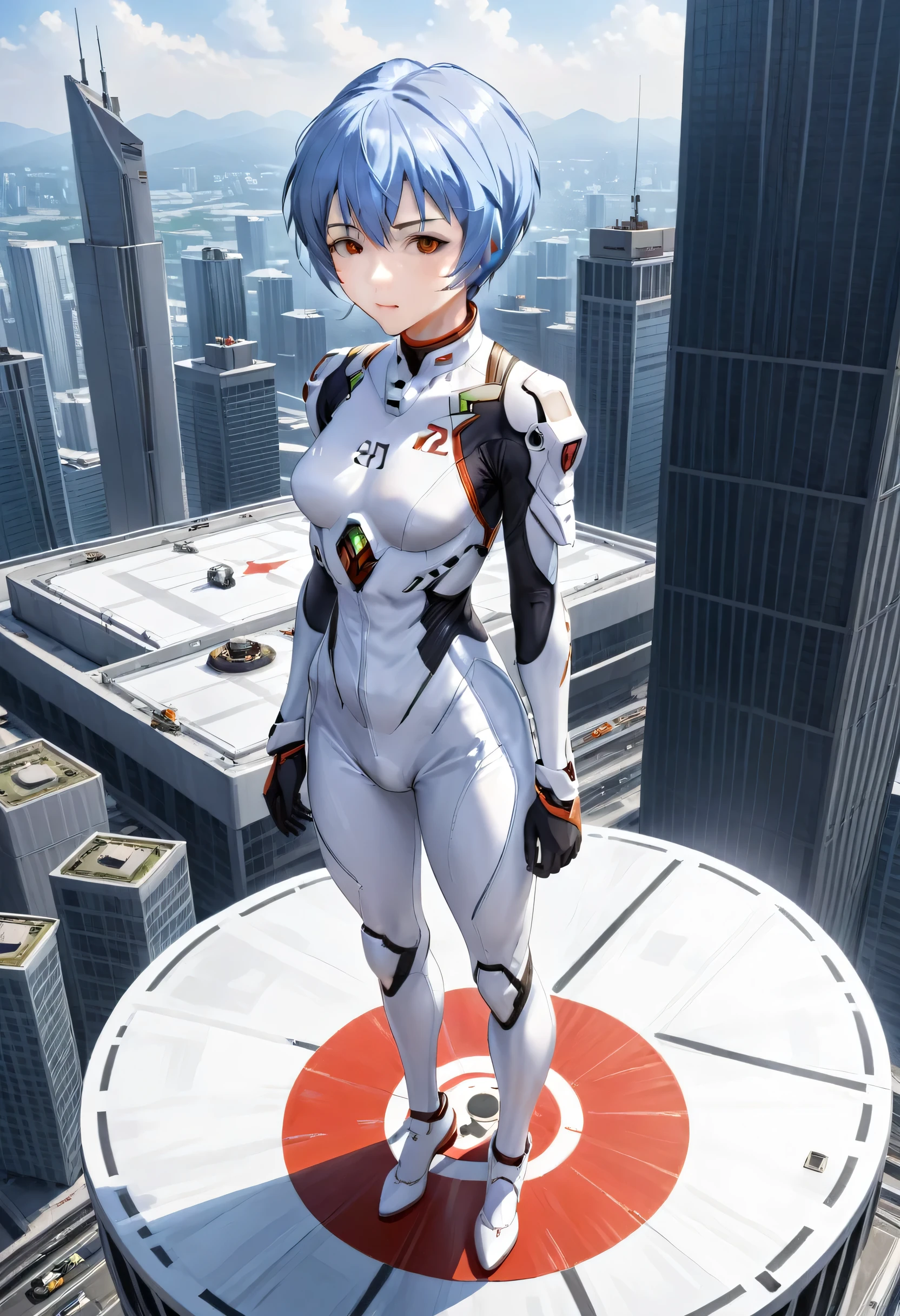 Tight Combat Suit, Ayanami Rei, blue short hair, white suit, standing on helipad on top of skyscraper, high Detail,