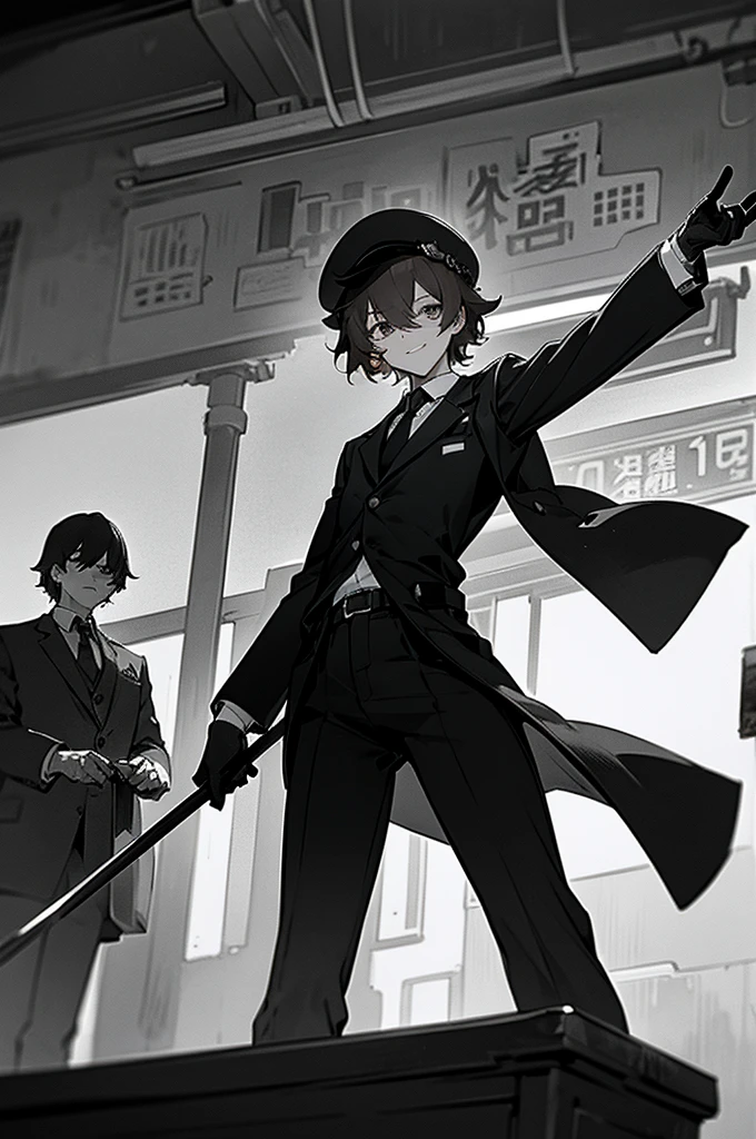 1 person、male、male性、brother、Slender、Short Hair、Messy Hair、Brown Hair、adult、Large、Station staff、(Station staffの帽子:1.5)、Official hat、blazer、tie、pants、belt、gloves、Subway Station、Station platform、kind、Sweet expression、Disturbing smile、Twisted Smile、Dangerous Eyes、No light in my eyes、Shadows around the eyes、hollow、Creepy、mad Men、Insanity、An abnormal、dark、grayscale、High Contrast、darkness、dark、Vigilance、From below