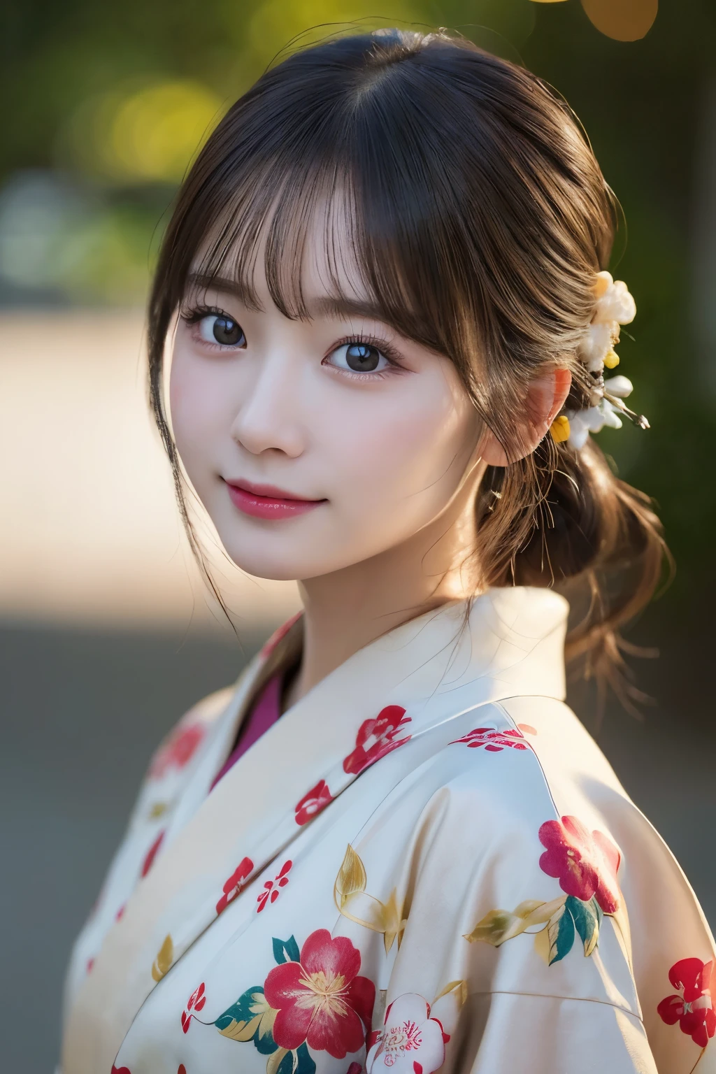 (kimono)、(highest quality、8k、High resolution、masterpiece:1.2)、Very detailed、(Realistic、photoRealistic、photo-Realistic:1.3)、Bokeh、Portraiture、(Natural and detailed eyes、beautiful girl、Young face、Detailed face、No makeup)、Slightly backlit、Professional Lighting、Smile、Caustics、movie