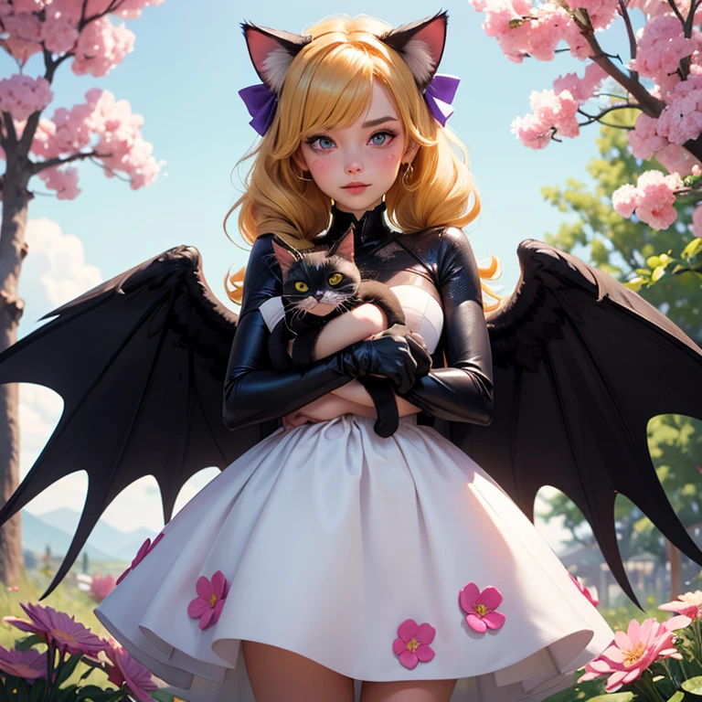 1girl, naked, animal ears, purple eyes, yellow hair, wings, solo, long hair, blush, cat ears, flowers, looking at viewer, braids, bows, dresses, pink flowers, bows, hair accessories, bangs, cats, hair flower, animal ear hair, holding, virtual youtuber, blue bow, holding animal, catwoman, stuffed toy