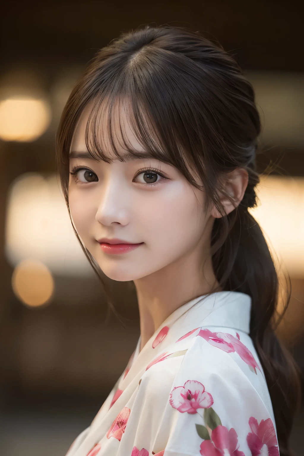 (kimono)、(highest quality、8k、High resolution、masterpiece:1.2)、Very detailed、(Realistic、photoRealistic、photo-Realistic:1.3)、Bokeh、Portraiture、(Natural and detailed eyes、beautiful girl、Young face、Detailed face、No makeup)、Slightly backlit、Professional Lighting、Smile、Caustics、movie