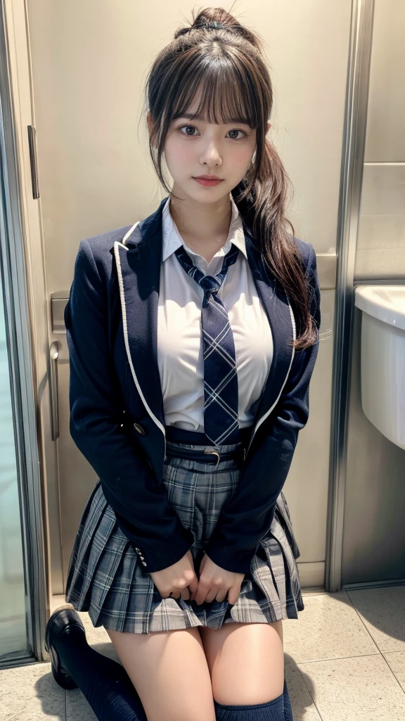 mix4, (16K, Raw photography, Top image quality, ​masterpiece: 1.45), (realisitic, Photorealsitic: 1.37), one girls, cute little, A city scape,, profetional lighting, photon maping, school classrooms, physically-based renderingt,  black hair,pony tail hairstyle, Well-groomed and beautiful eyes、((double eyelid))、Transcendent Cute Girl, (((student clothes、blazers、Long sleeve shirt worn by Japan high school girl、Ribbon Ties、Dark blue mini skirt,、Dark blue socks、Black loafers))), Top Quality Photos, hight resolution, 1080P, (clearface), (Detailed face description), (Detailed hand description), (​masterpiece), (Exquisite CG)、extreme light and shadows、dishevled hair、master work、abundant detail、(Fine facial features)、(top quality photo)、(masuter piece)、(A detailed eye)、Look in front of you、Fine clavicle、((Slender big))、(((Japan schoolgirls wear jackets and long-sleeved shirts)))、((Neat and clean idol))、((School Gate、school ground、School building in the background))、(Shooting from random perspectives)、(((Anyway cute)))、earrings、A big smile、Drawing the whole body from the knees、Do not draw nasolabial folds、(((Sports bags used by Japan schoolgirls)))、Two arms and two legs、(((from the front side:0.7)))、bare hand、(((Left and right symmetrical eyes)))、Standing Pose、Put your hands on your desk、Do not take the tie out of the jacket、Raise your buttocks:1.5，barebacked:1.5，