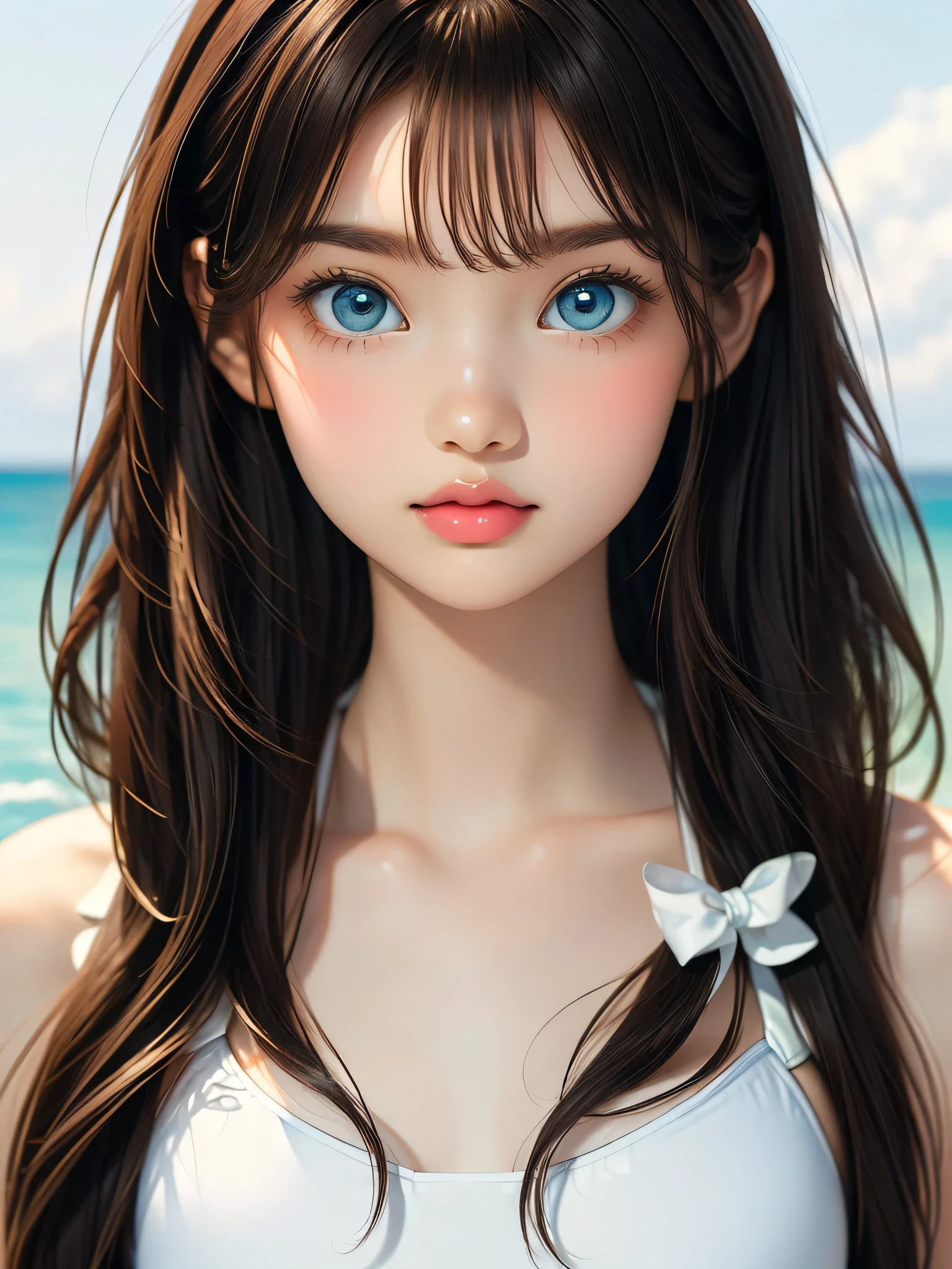 (((masterpiece))),((highest quality)),One beautiful girl,bangs,(Long Hair:1.5),(((Big eyes))),,(Symmetrical eyes:1.3), (Get closer to the face, Zoom in on face:1.0),((Face close-up)),(White swimsuit, bikini:1.5),Body facing forward, Beautiful digital artwork, Beautiful fantasy art,(The background is plain:1.5),