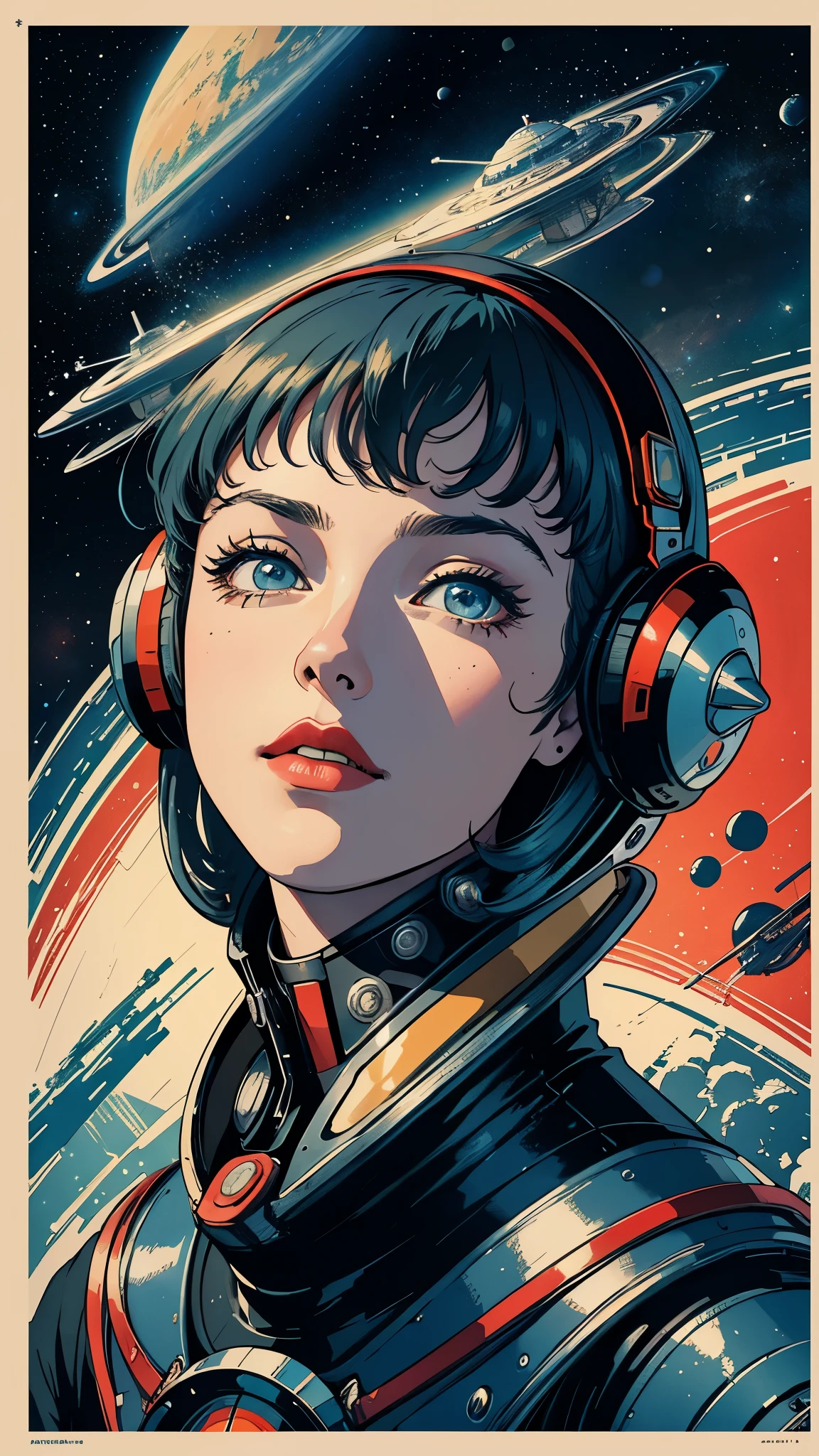 ((masterpiece, highest quality)), 32k wallpaper, very detailed, poster, vintage science fiction, 1960s,(((space thriller cinematic movie poster))), (bauhaus), shape,abstract, mid century modern, movie poster, vintage, Perfect Lady,anime,1970's,halftone,speech bubble,galaxy,(super hero),((portfolio,Close-up)),future,mechanical,