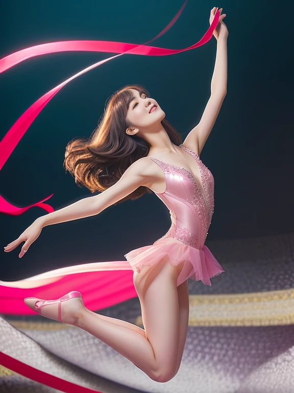 Realistic photo quality、20-year-old idol wearing a light gray-pink leotard,Elegant girl, Rhythmic gymnastics ribbon performance pose, White ribbon、Jumping、 cute japanese model、looking at the camera、A soft and gentle look、Elegant and beautiful、Cute Smile、Detailed and beautiful eyes、Relaxed facial expression