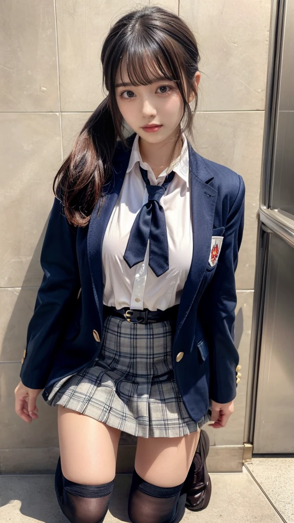 masterpiece, best quality, illustration, Super detailed, fine details, High resolution, 8K,wall paper, perfect dynamic composition,(Details High quality, realistic depiction of eyes:1.3), kneeling, Men's restroom at school, Toilet urinals lined up、High school girl uniform、blazer 、Super Short Check Uniform Skirt、Navy blue high socks、garterbelts、 large breasts, expresses the roundness and softness of your chest, Don't expose it、Disturbed uniform, ponytail, black hair color, Big Natural Color Lip, perfect body shape, crying a little、cold gaze, Harajuku style、20 year old girl、cute type, beautiful legs, Gravure Idol