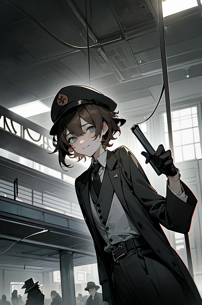 1 person、male、male性、brother、Slender、Short Hair、Messy Hair、Brown Hair、adult、Large、Station staff、(Station staffの帽子:1.5)、Official hat、blazer、tie、pants、belt、gloves、Subway Station、Station platform、kind、Sweet expression、Disturbing smile、Twisted Smile、Dangerous Eyes、No light in my eyes、Shadows around the eyes、hollow、Creepy、mad Men、Insanity、An abnormal、dark、grayscale、High Contrast、darkness、dark、Vigilance、From below