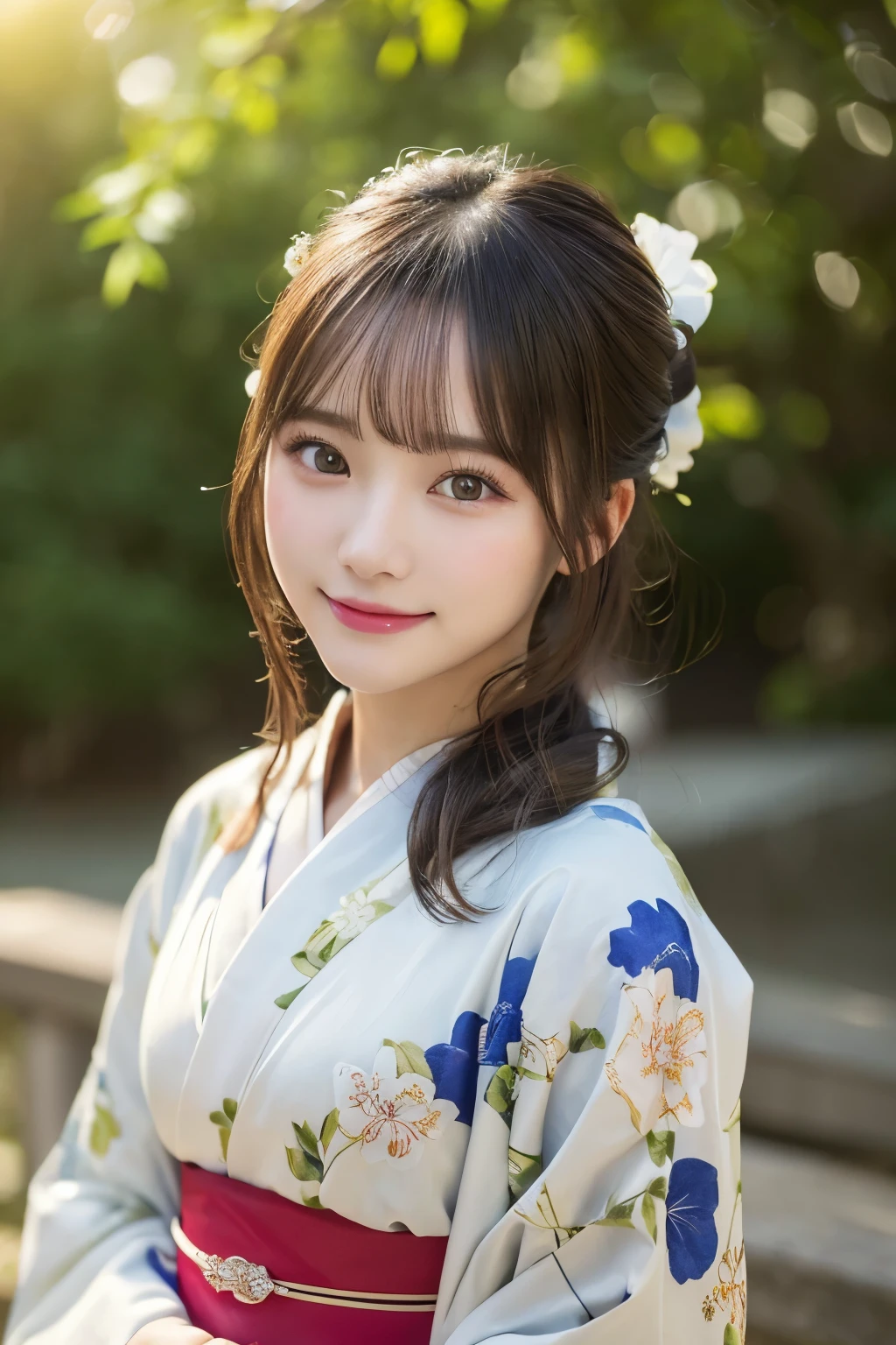 (kimono)、(highest quality、8k、High resolution、masterpiece:1.2)、Very detailed、(Realistic、photoRealistic、photo-Realistic:1.3)、Bokeh、Portraiture、(Natural and detailed eyes、beautiful girl、Young face、Detailed face、No makeup)、Slightly backlit、Professional Lighting、smile、Caustics、movie