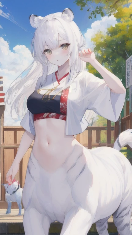 (best quality, masterpiece), 1 girl, centaur, It takes, White skin, Japanese  , exposing the abdomen,summer,belly button t-shirt, 아름다운 소녀 perfect white tiger photo, perfect white tiger photo