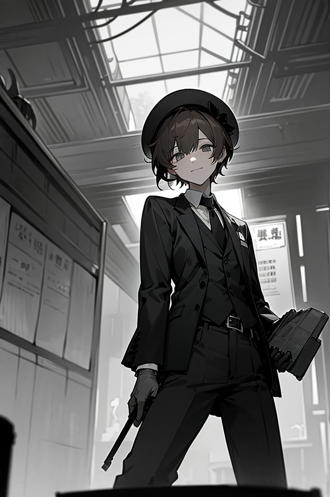 1 person、male、male性、brother、Slender、Short Hair、Messy Hair、Brown Hair、adult、Large、Station staff、(Station staffの帽子:1.5)、Official hat、blazer、tie、pants、belt、gloves、Subway Station、Station platform、kind、Sweet expression、Disturbing smile、Twisted Smile、Dangerous Eyes、No light in my eyes、Shadows around the eyes、hollow、Creepy、mad Men、Insanity、An abnormal、dark、grayscale、High Contrast、darkness、dark、Vigilance、From below