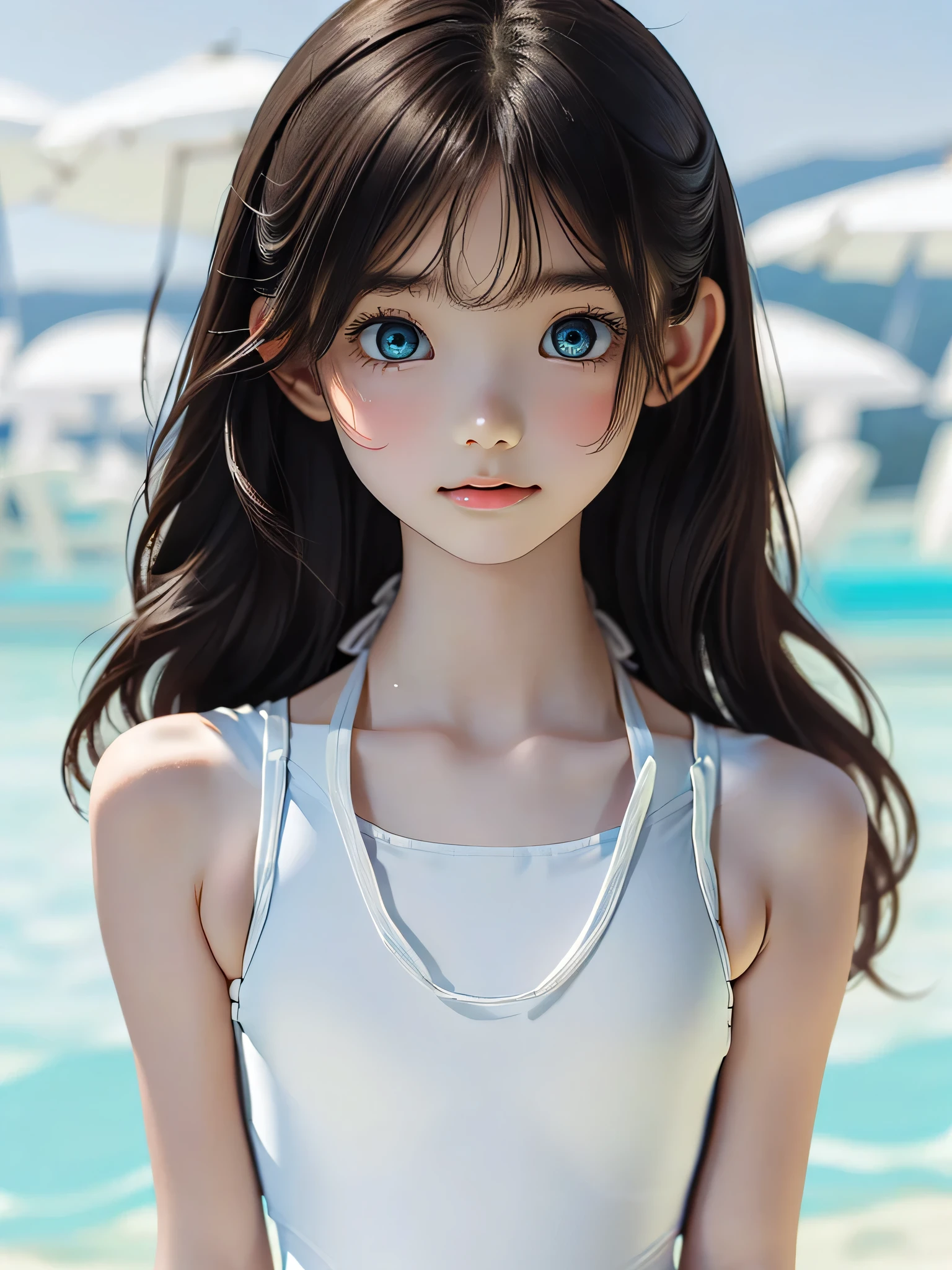 (((masterpiece))),((highest quality)),One beautiful girl,Short Hair,(Long Hair:1.5),(((Big eyes))),,(Symmetrical eyes:1.3), (Get closer to the face, Zoom in on face:1.0),((Face close-up)),(White swimsuit, bikini:1.5),Body facing forward, Beautiful digital artwork, Beautiful fantasy art,(The background is plain:1.5),