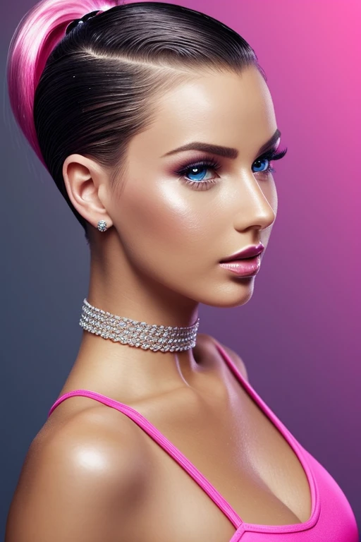 Gorgeous european woman with short hair, ponytail, wet hair, hair slicked back, combed straight back, slick hair, blaxk gradient hair, dressed as Barbie in pink and blue, jewelry, cleavage, glamour, solid dark grey background