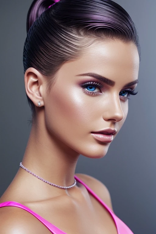 Gorgeous european woman with short hair, ponytail, wet hair, hair slicked back, combed straight back, slick hair, blaxk gradient hair, dressed as Barbie in pink and blue, jewelry, cleavage, glamour, solid dark grey background