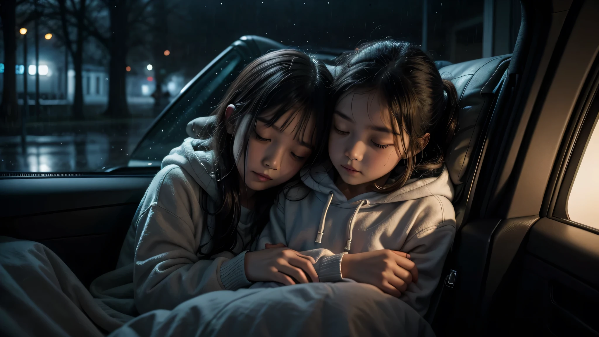 "A young woman and a are sleeping peacefully in the backseat of a car during a rainy night. The woman is lying on her back with her arm around the child, who is cuddled close to her. The child is wearing a cozy, hooded outfit. Raindrops and condensation are visible on the car window, creating a serene and calming atmosphere. The background outside the window shows a blurred view of trees in the dark. The lighting is soft and dark, emphasizing the tranquil mood of the scene."
Additionally, you can specify details to achieve a more accurate result:
Lighting: Soft and dim, capturing the night-time ambiance with shadows and highlights.
Background: Rainy night, raindrops, and condensation on the car window with blurred trees outside.
Pose: Woman and sleeping, with the woman lying on her back and the cuddled close to her.
Clothing: Cozy outfits, the wearing a hooded garment.
Mood/Atmosphere: Calm, peaceful, and serene.