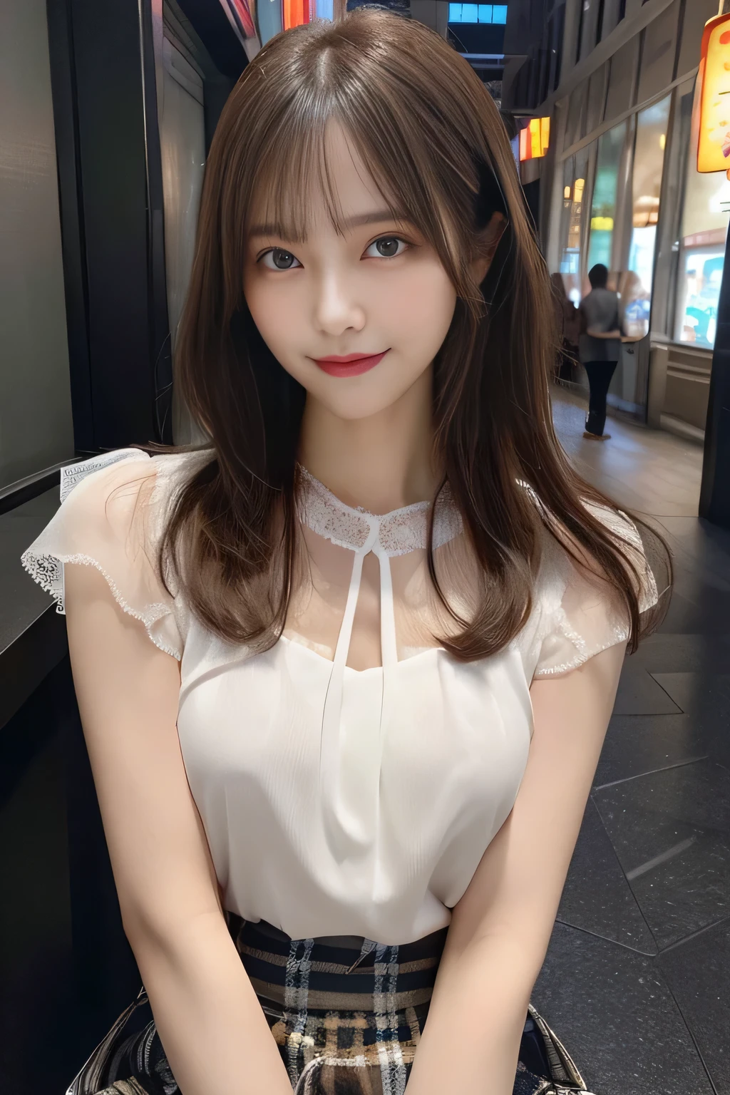 8K, masterpiece, RAW photo, highest quality, realistic, Highly detailed CG Unity 8K wallpaper, written boundary depth, cinematic light, Lens flare, ray tracing, (very beautiful face, beautiful lips, Beautiful drooping eyes), ((super dense skin)) 1 girl, in the dark, ((exposed nipples)), Japanese, idol face, 1 girl, (very slim slender fit-muscled body:1.3), ((looking at the viewer)),(smile:1.3), ((Blouse with lace)), (short sleeve) ,clear eyes, (white skin), (Big eyes), look forward to, (brown straight hair),((plaid skirt)), (looking at the viewer:1.3), (open chest), (very slim), rich bust, thick thighs, See through, ((Squat down and spread your legs)), ((bangs))