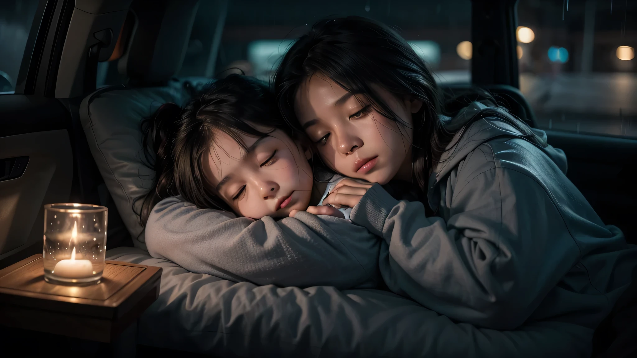 "A young woman and a child are sleeping peacefully in the backseat of a car during a rainy night. The woman is lying on her back with her arm around the child, who is cuddled close to her. The child is wearing a cozy, hooded outfit. Raindrops and condensation are visible on the car window, creating a serene and calming atmosphere. The background outside the window shows a blurred view of trees in the dark. The lighting is soft and dark, emphasizing the tranquil mood of the scene."
Additionally, you can specify details to achieve a more accurate result:
Lighting: Soft and dim, capturing the night-time ambiance with shadows and highlights.
Background: Rainy night, raindrops, and condensation on the car window with blurred trees outside.
Pose: Woman and sleeping, with the woman lying on her back and the cuddled close to her.
Clothing: Cozy outfits, the wearing a hooded garment.
Mood/Atmosphere: Calm, peaceful, and serene.