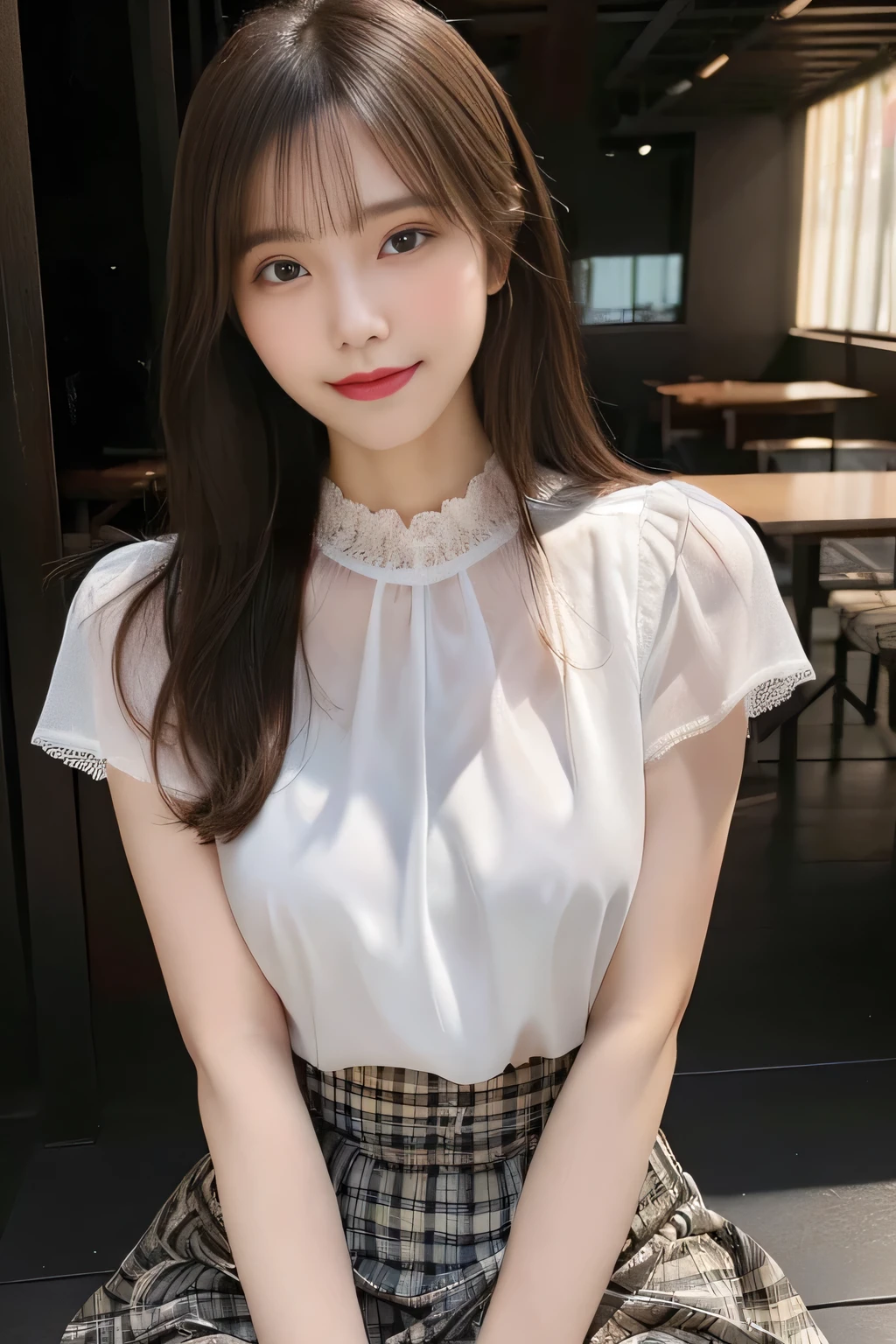 8K, masterpiece, RAW photo, highest quality, realistic, Highly detailed CG Unity 8K wallpaper, written boundary depth, cinematic light, Lens flare, ray tracing, (very beautiful face, beautiful lips, Beautiful drooping eyes), ((super dense skin)) 1 girl, in the dark, ((exposed nipples)), Japanese, idol face, 1 girl, (very slim slender fit-muscled body:1.3), ((looking at the viewer)),(smile:1.3), ((Blouse with lace)), (short sleeve) ,clear eyes, (white skin), (Big eyes), look forward to, (brown straight hair),((plaid skirt)), (looking at the viewer:1.3), (open chest), (very slim), rich bust, thick thighs, See through, ((Squat down and spread your legs)), ((bangs))