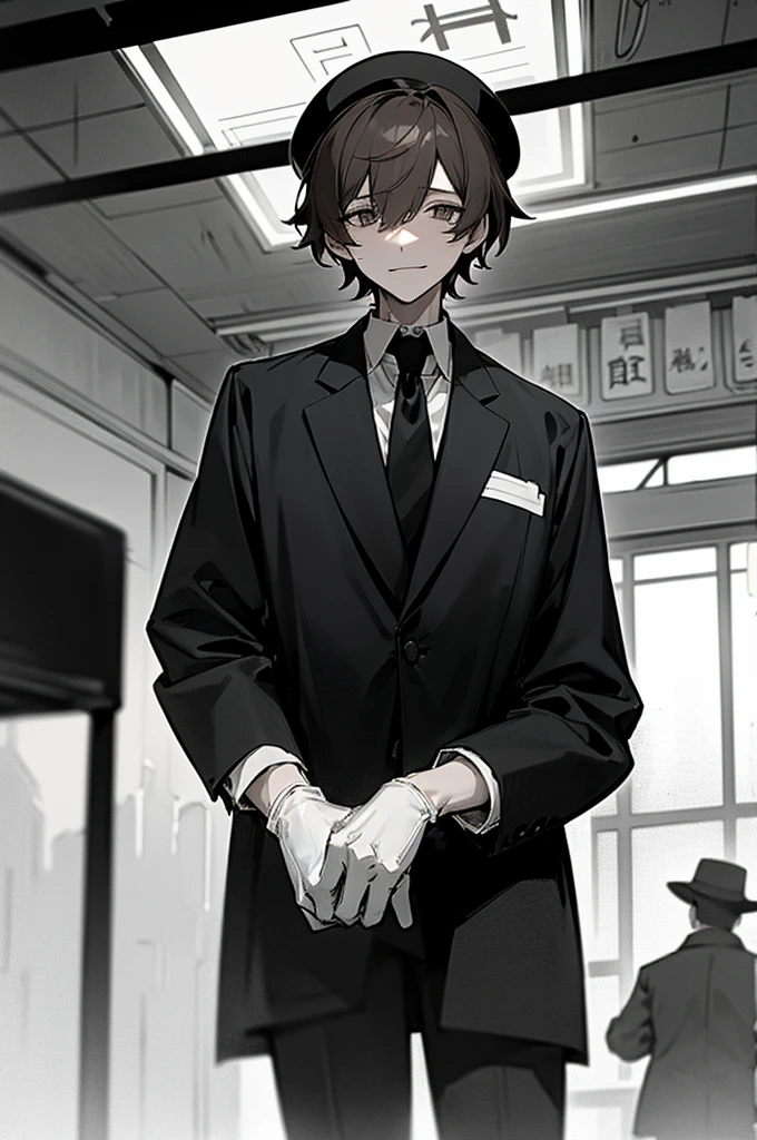 1 person、male、male性、brother、Slender、Short Hair、Messy Hair、Brown Hair、adult、Large、Station staff、(Station staffの帽子:1.5)、Official hat、blazer、tie、pants、belt、gloves、Subway Station、Station platform、kind、Sweet expression、Disturbing smile、Twisted Smile、Dangerous Eyes、No light in my eyes、Shadows around the eyes、hollow、Creepy、mad Men、Insanity、An abnormal、dark、grayscale、High Contrast、darkness、dark、Vigilance、From below