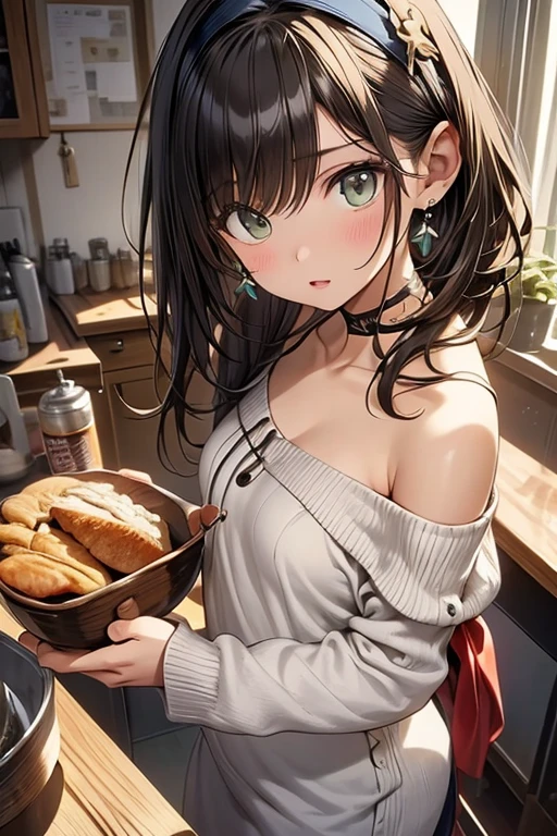 (small breasts:1.3), (perky chest:1.1), (pointed chest:1.0), (fashion magazine cover:1.3),(from below:1.0),(from side:0.9),masterpiece, 1girl, Amazing Cleavage:1.1, thin waist, big ass, Raised sexy, small breast: 1.3, posed cleavage:1.2、solo, looking at viewer, open mouth, have a cute grass of cute beergrass,black hair, dark green eyes, dress, bare shoulders, jewelry, collarbone, sidelocks, hairband, earrings, indoors, off shoulder, :o, sweater, arms behind back, plant, short hair with long locks, gild hairband, off-shoulder dress, sweater dress, off-shoulder sweater, red sweater, dark gord hair, big side hair, very long side hair,is rendered in (masterpiece: 1.2, best quality), with (ultra high resolution) and an exquisite (depth of field). This masterpiece is not only visually stunning but also tells,A scene of cooking in the kitchen by classroom